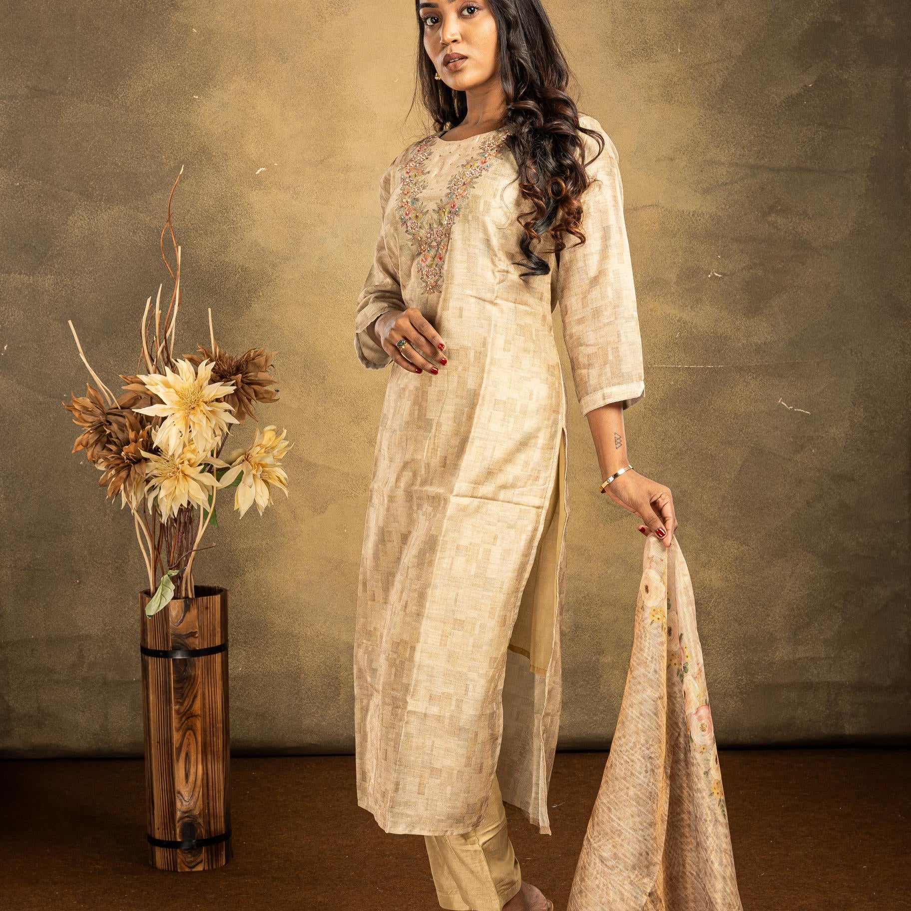 Cream Shimmer Silk Salwar Suit Set - View 1