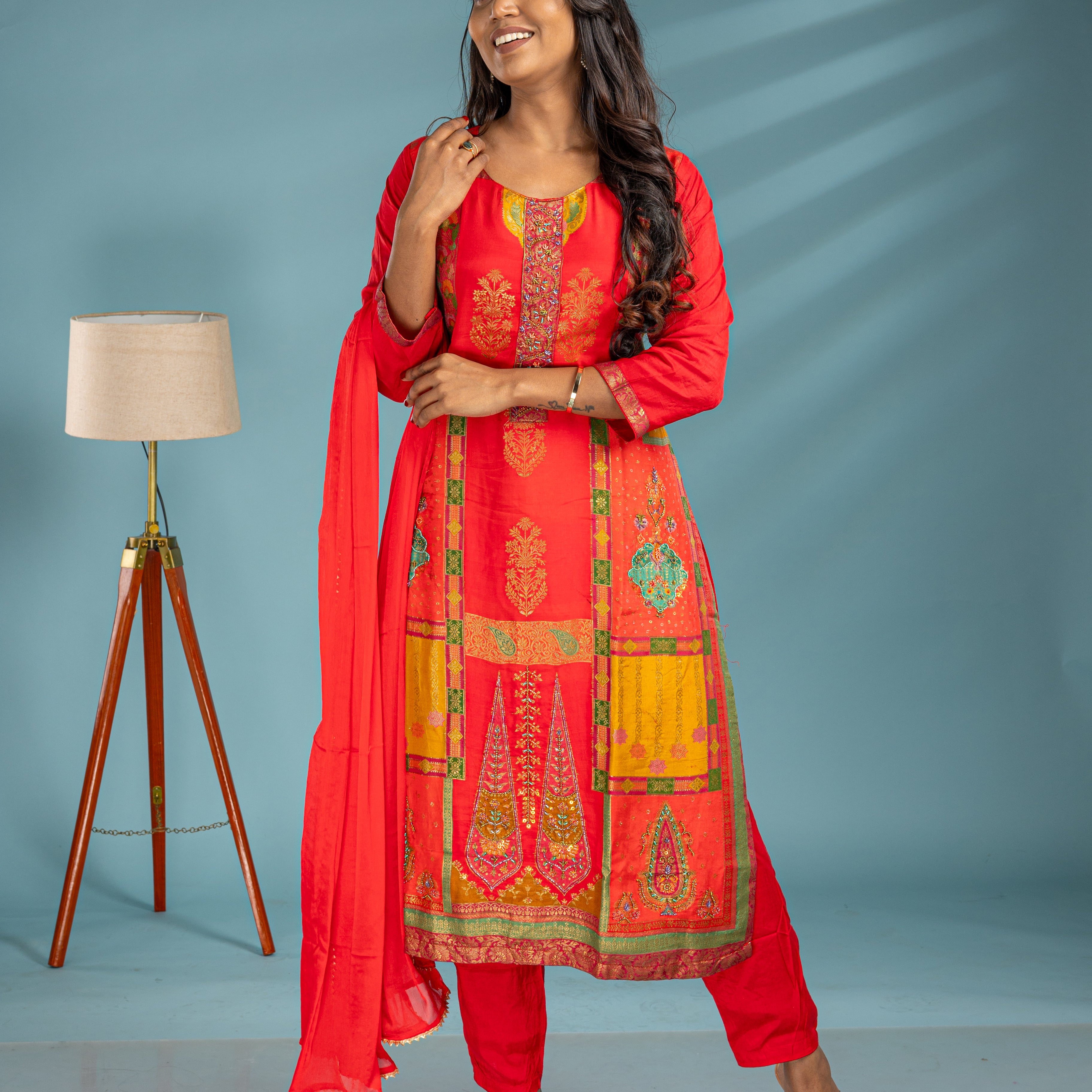 Bright Red And Yellow Premium Muslin Salwar Suit Set - View 1