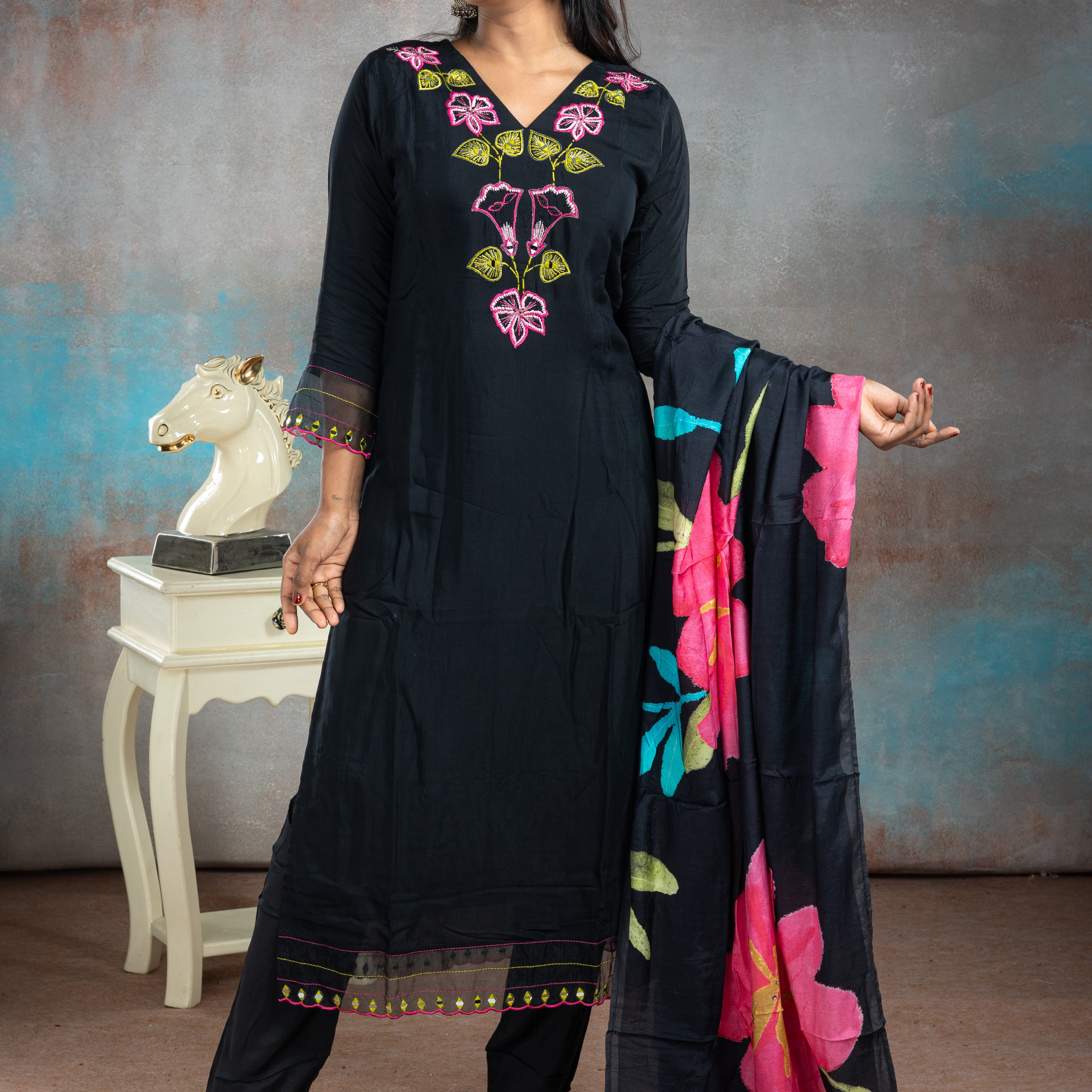 Black With Pink & Green Rayon Salwar Suit Set - View 1