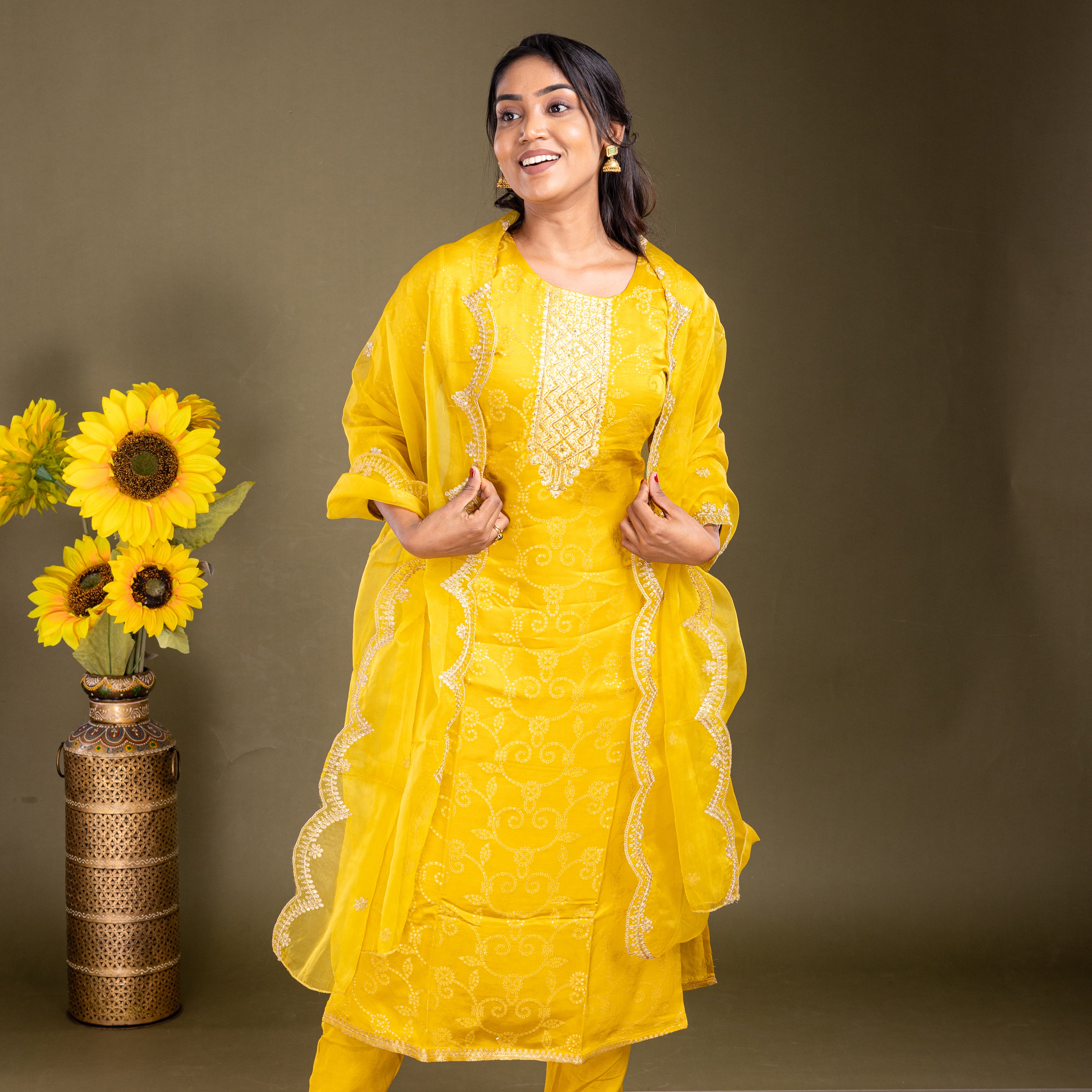 Bright Yellow Soft Silk Cotton Salwar Suit Set - View 1