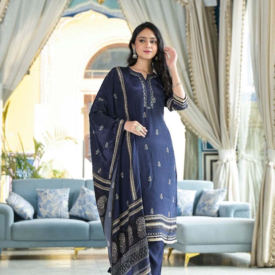 Dark Blue Crepe Suit Set