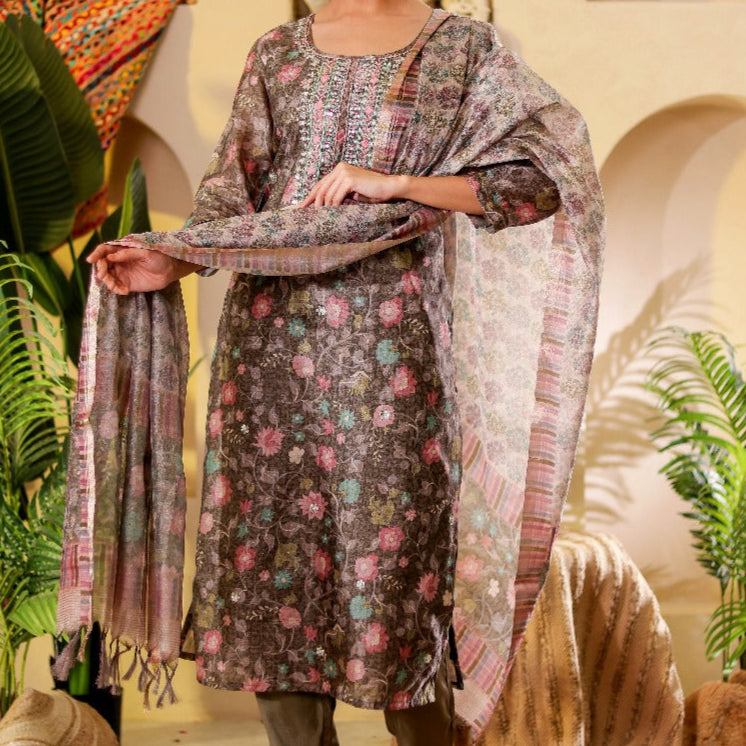 Charcoal Grey Embroidered Suit Set