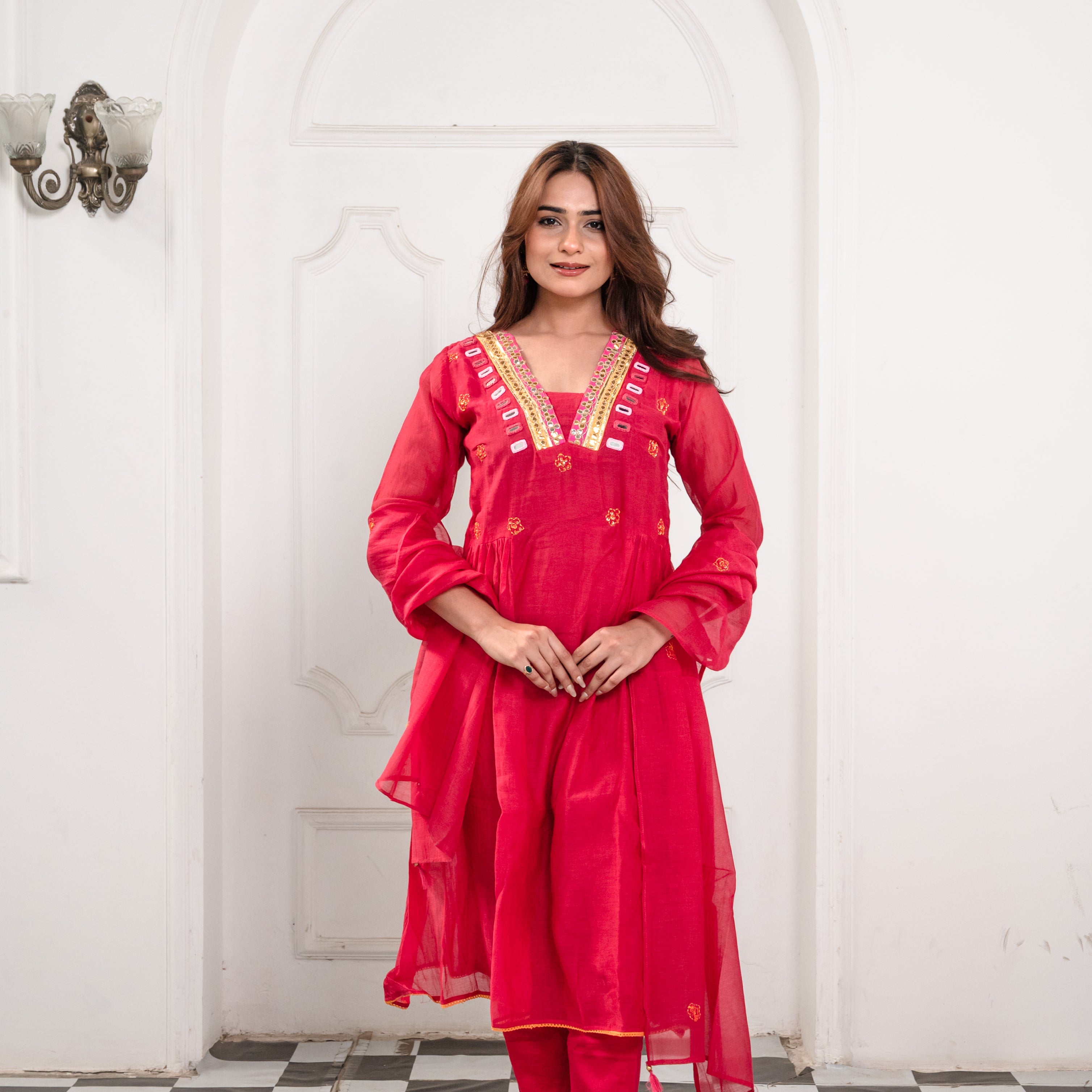Bright Pink Mirror Work Suit Set
