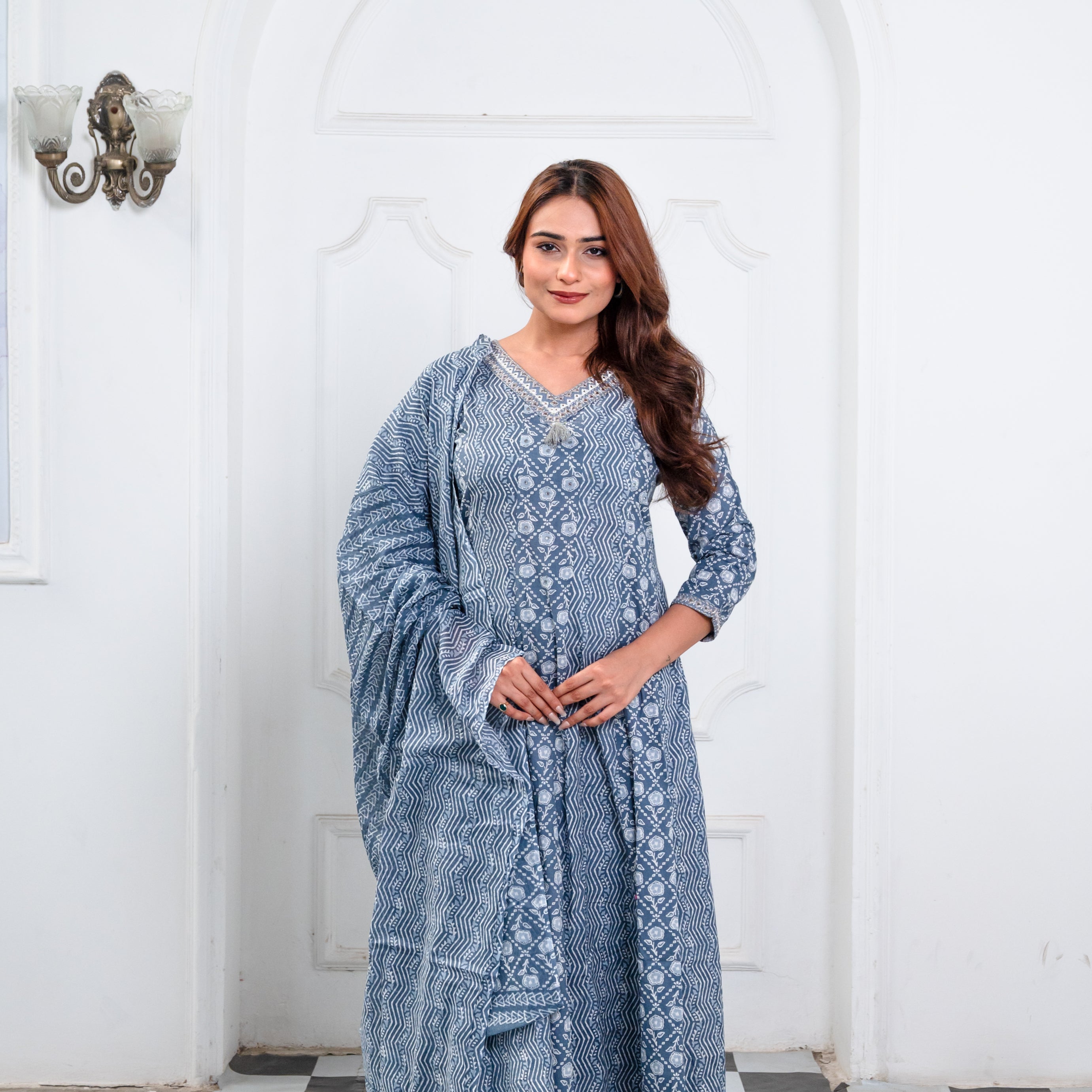 Blue And White Cotton Anarkali Suit Set