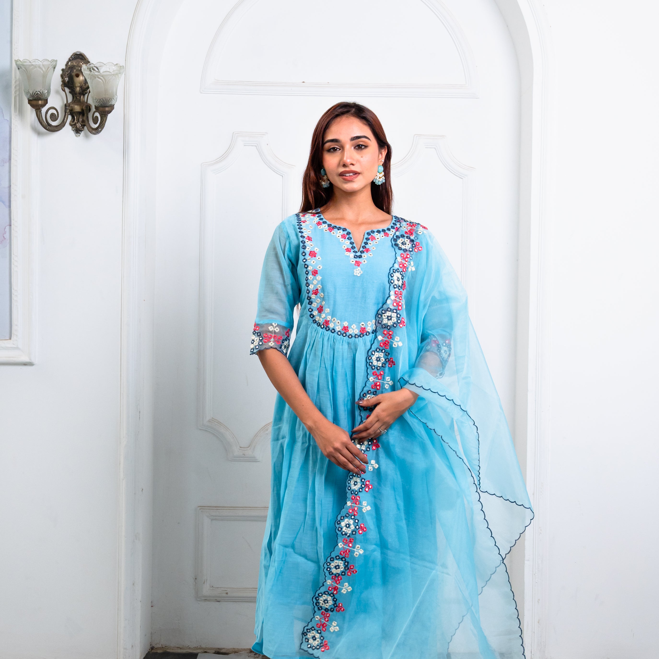 Sky Blue Organza Embroidered Suit Set