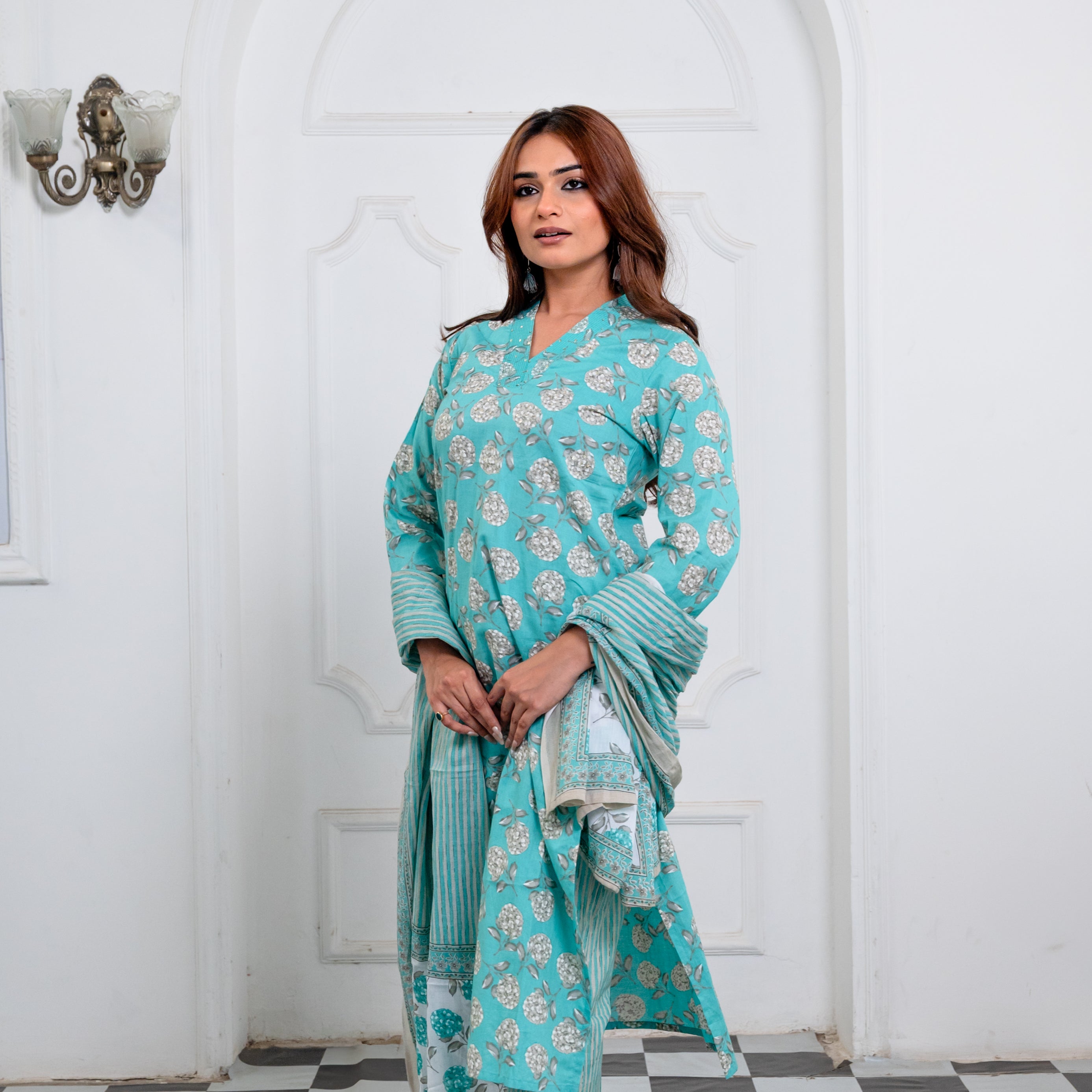 Aqua Blue Cotton Suit Set