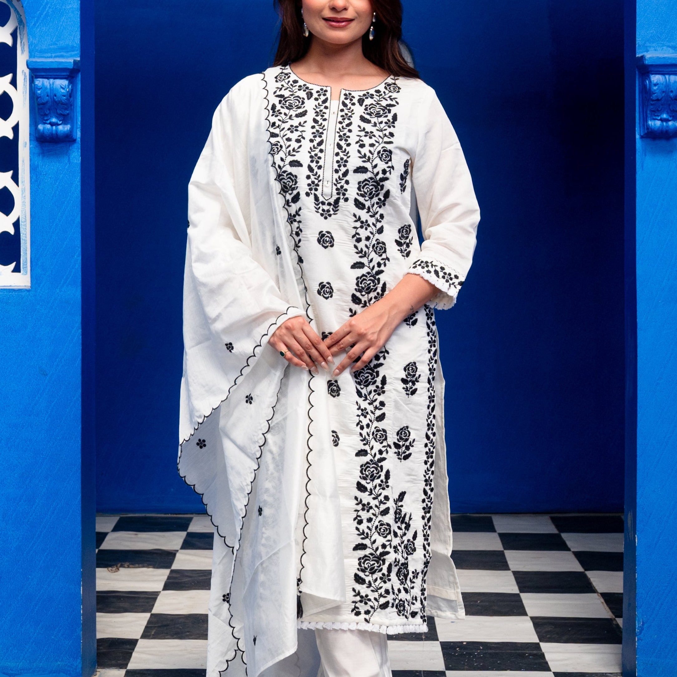 White Cotton Suit Set with Black Thread Embroidery