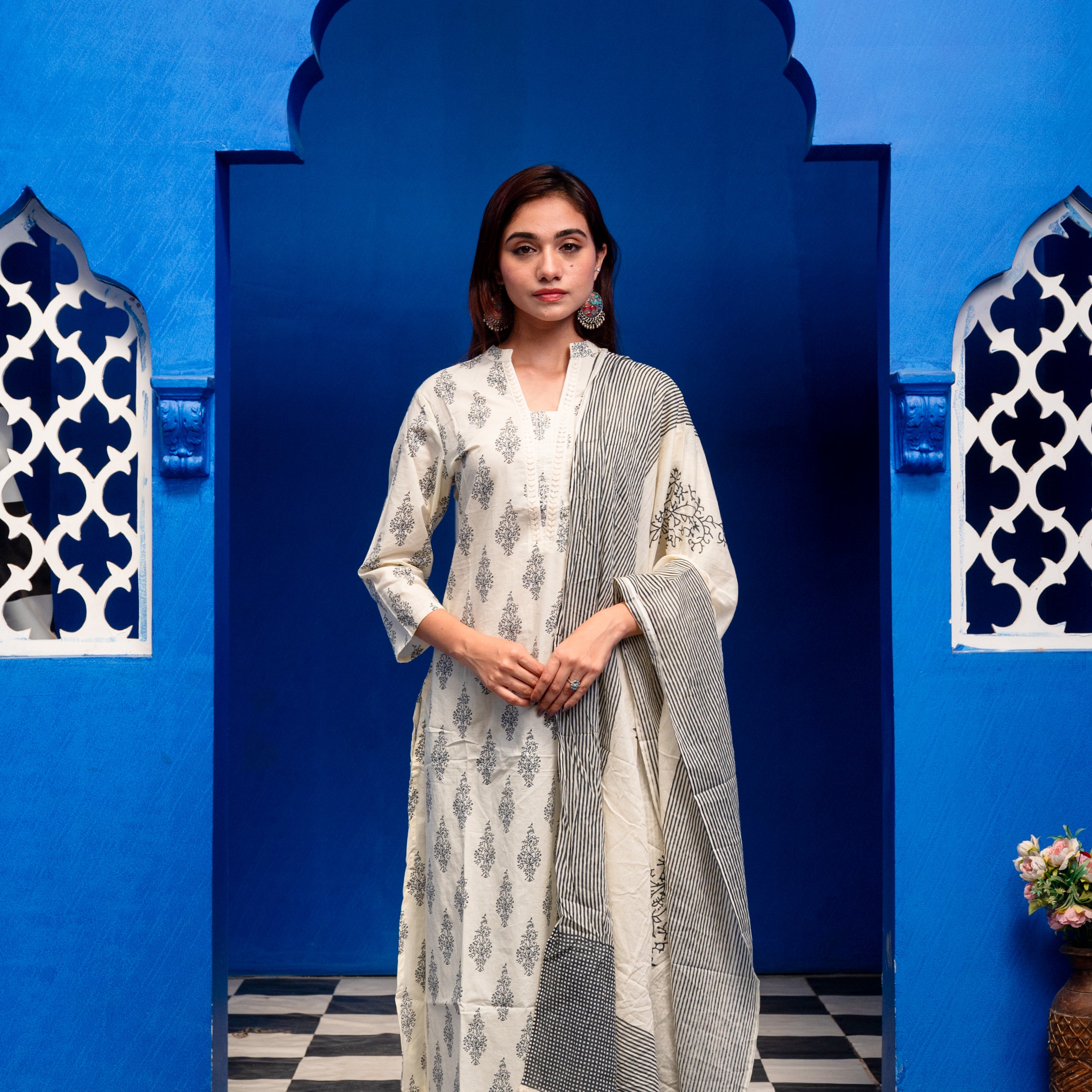 Cream With Dark Blue Block Print Cotton Suit Set