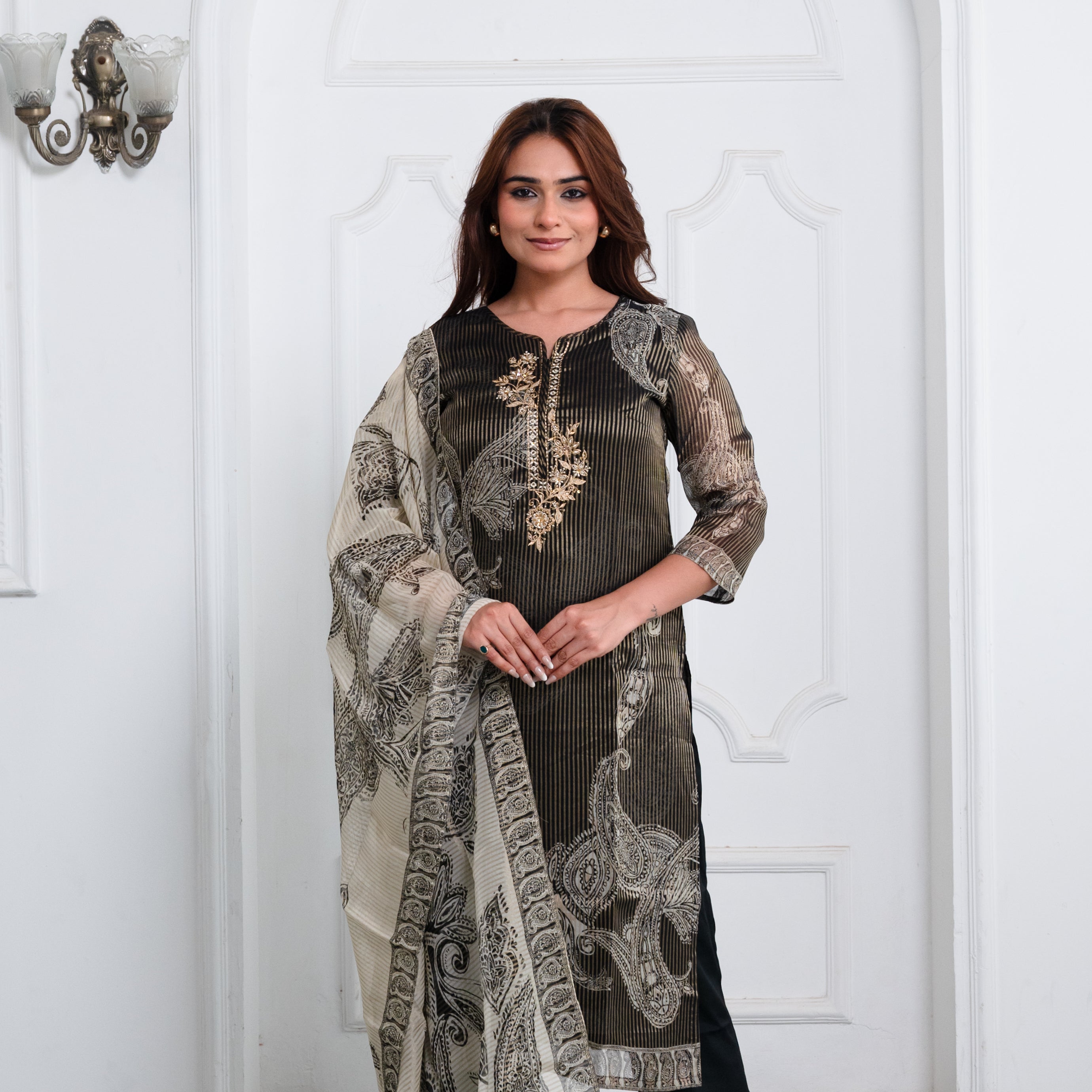 Black With Gold Stripes Crepe Zari Blockprint Suit Set