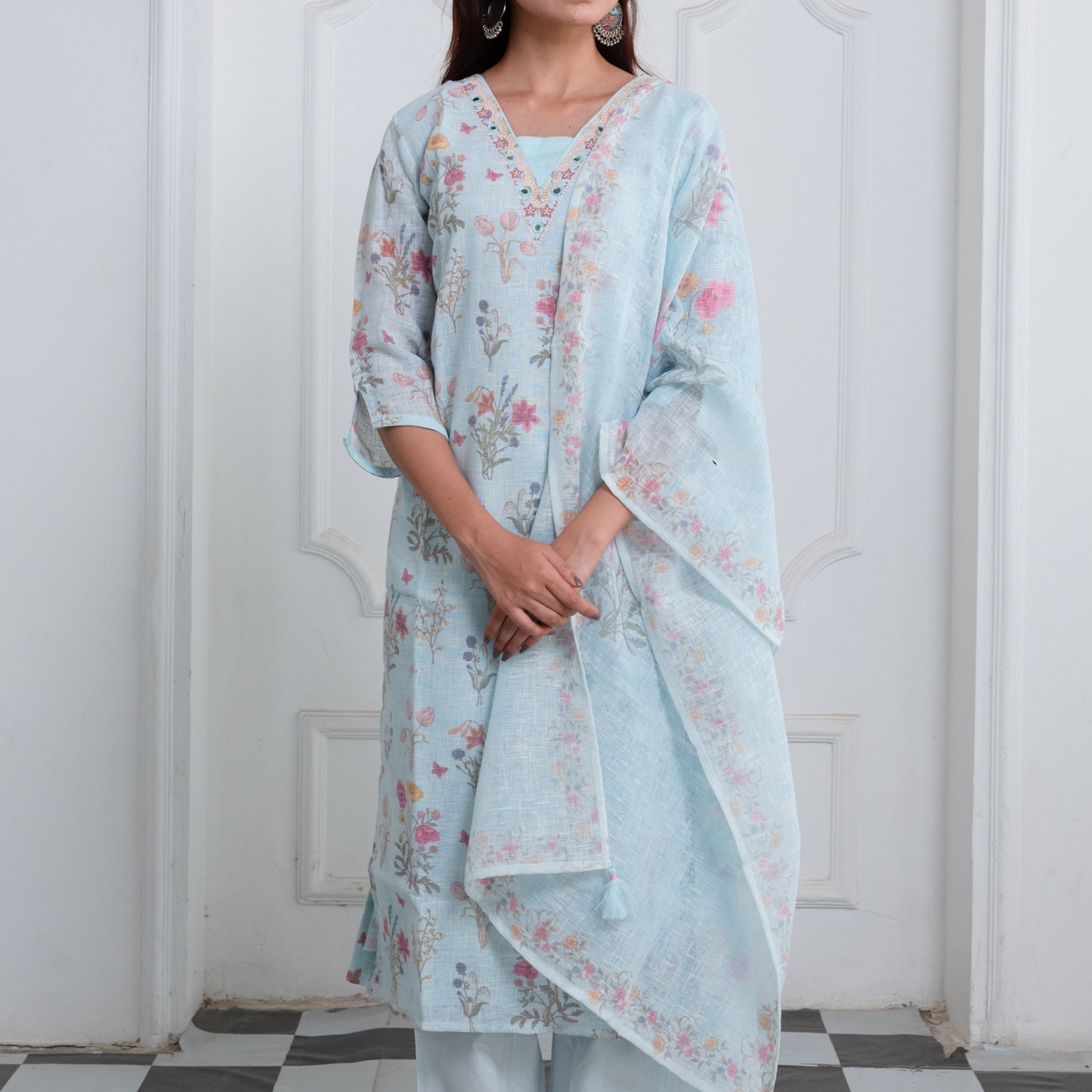 Pastel Sky Blue Linen Suit Set with Pink Embroidery and Mirror Work