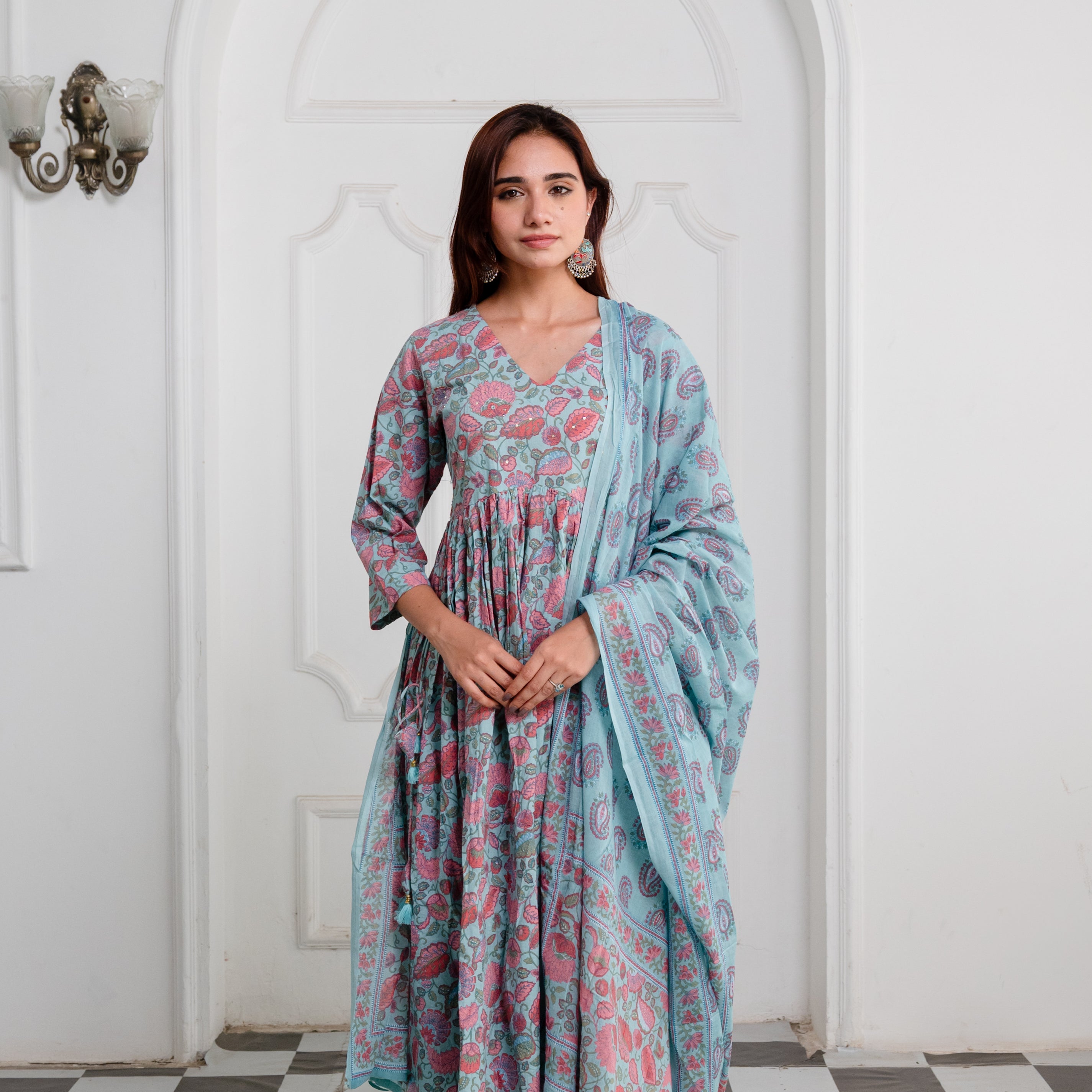 Sky Blue Cotton Anarkali Suit Set