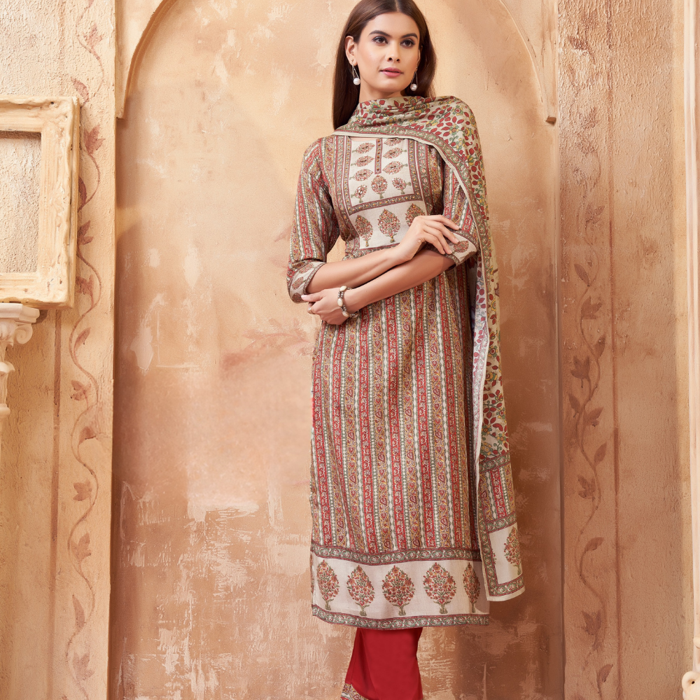 Maroon And Light Brown Seiko Blockprint Suit Set