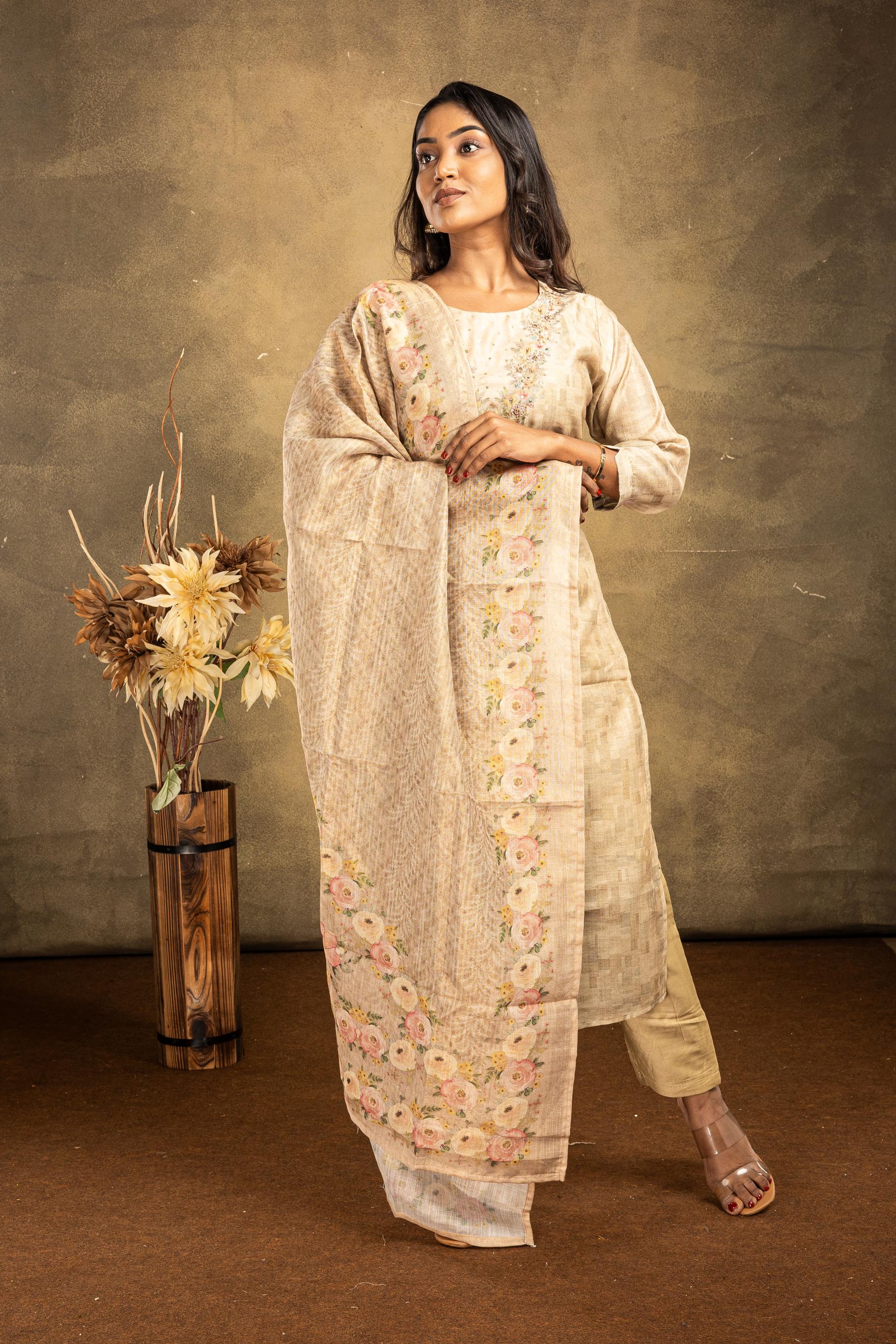 Cream Shimmer Silk Salwar Suit Set - View 2