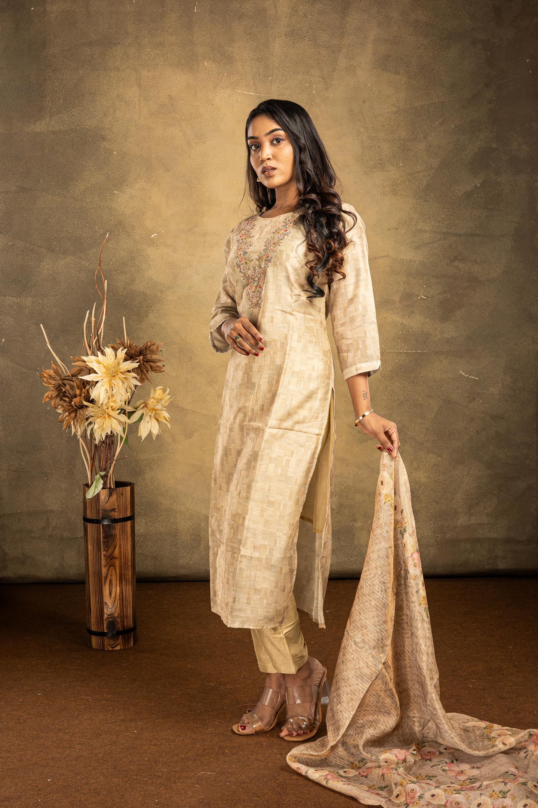 Cream Shimmer Silk Salwar Suit Set - View 1