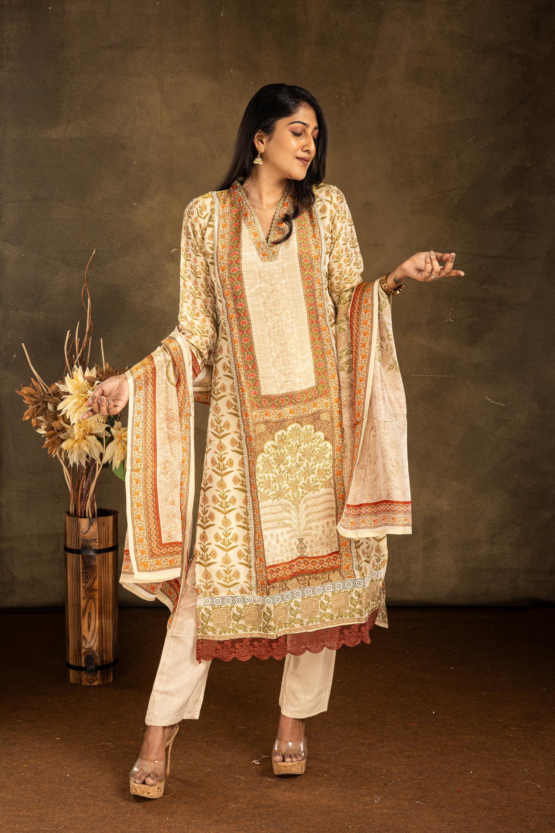 Cream With Red Shimmer Muslin Salwar Suit Set - View 2