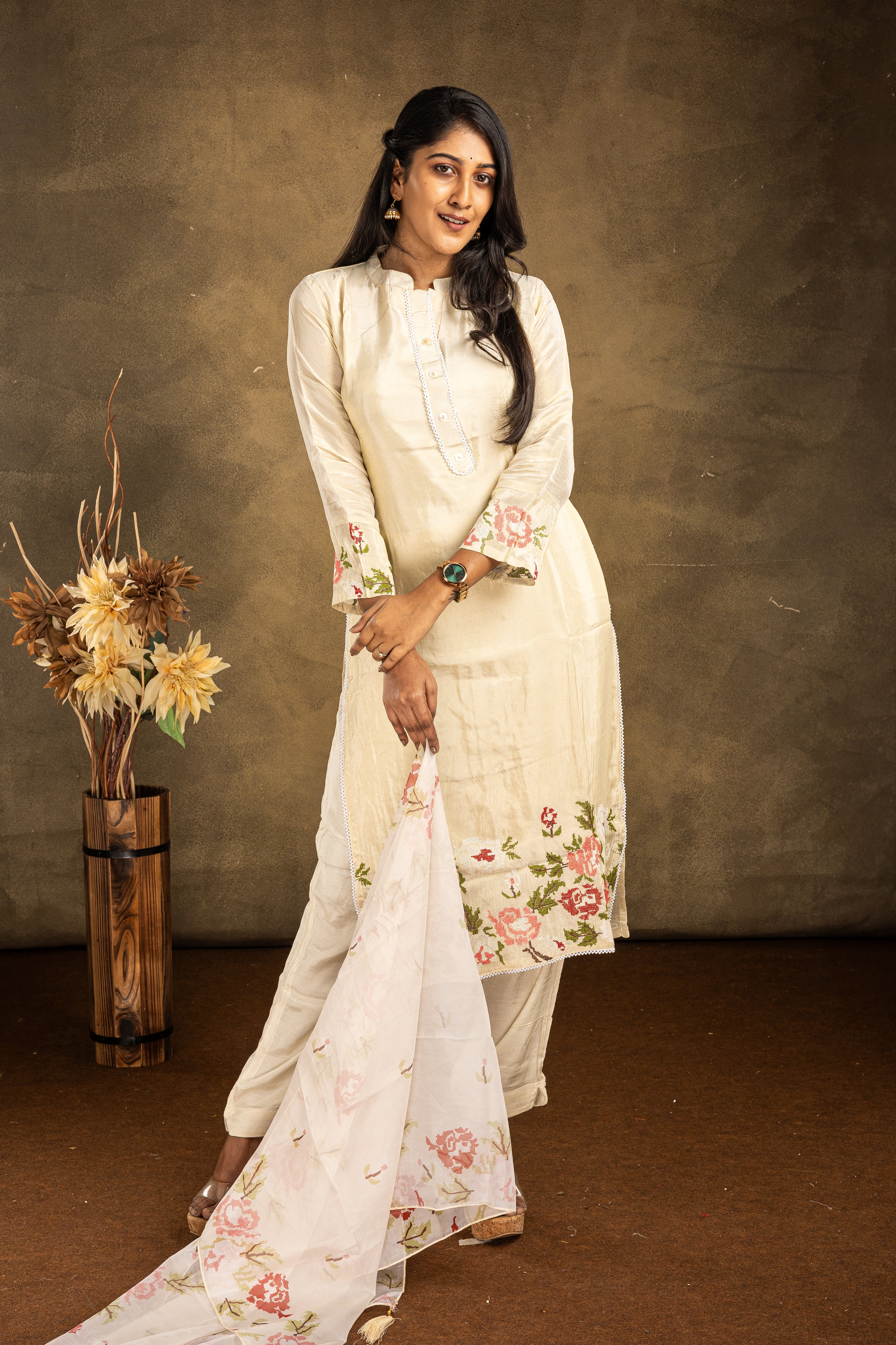 Cream Shimmer Salwar Suit Set - View 1