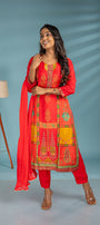 Bright Red And Yellow Premium Muslin Salwar Suit Set - View 1
