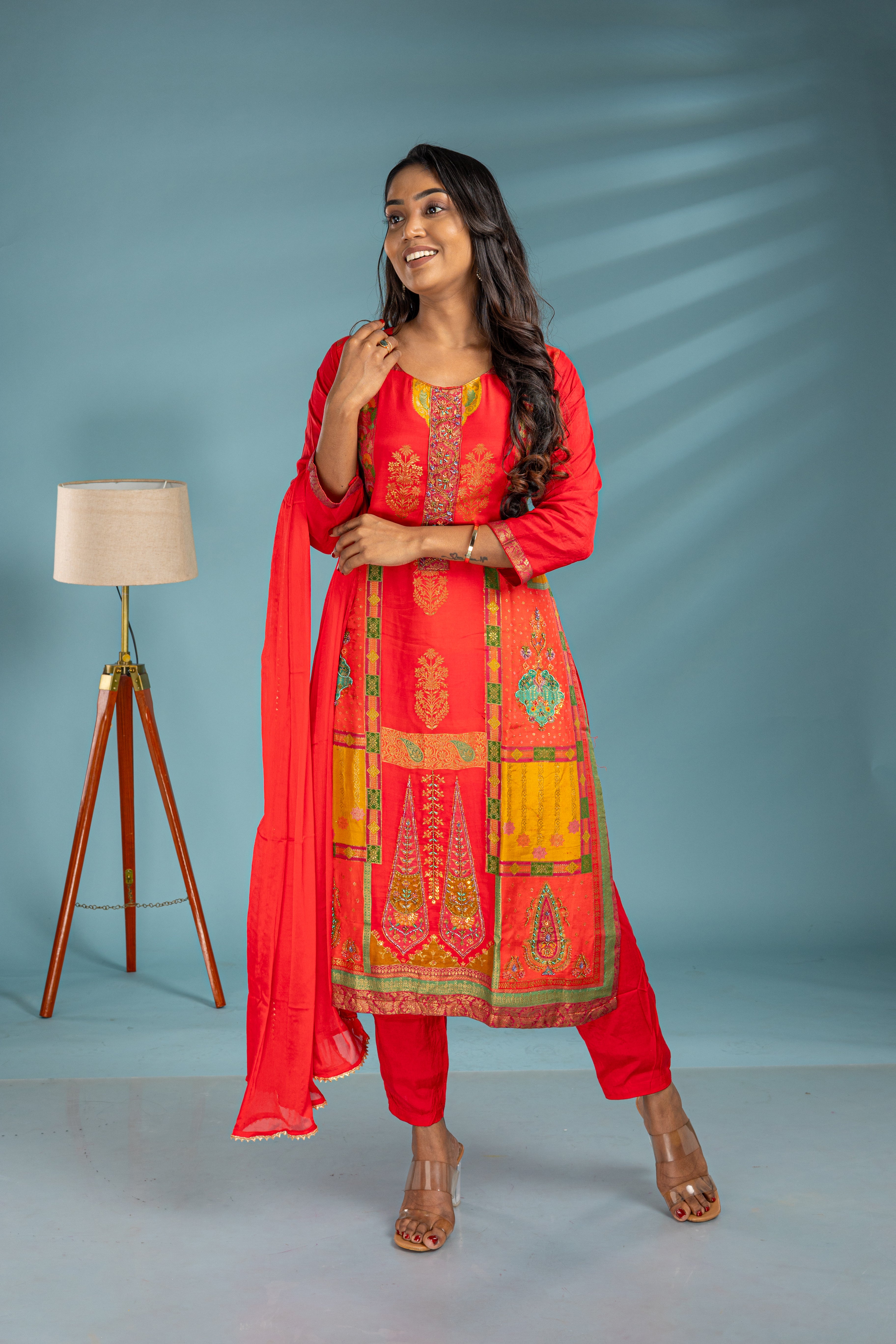 Bright Red And Yellow Premium Muslin Salwar Suit Set - View 1