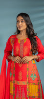 Bright Red And Yellow Premium Muslin Salwar Suit Set - View 2