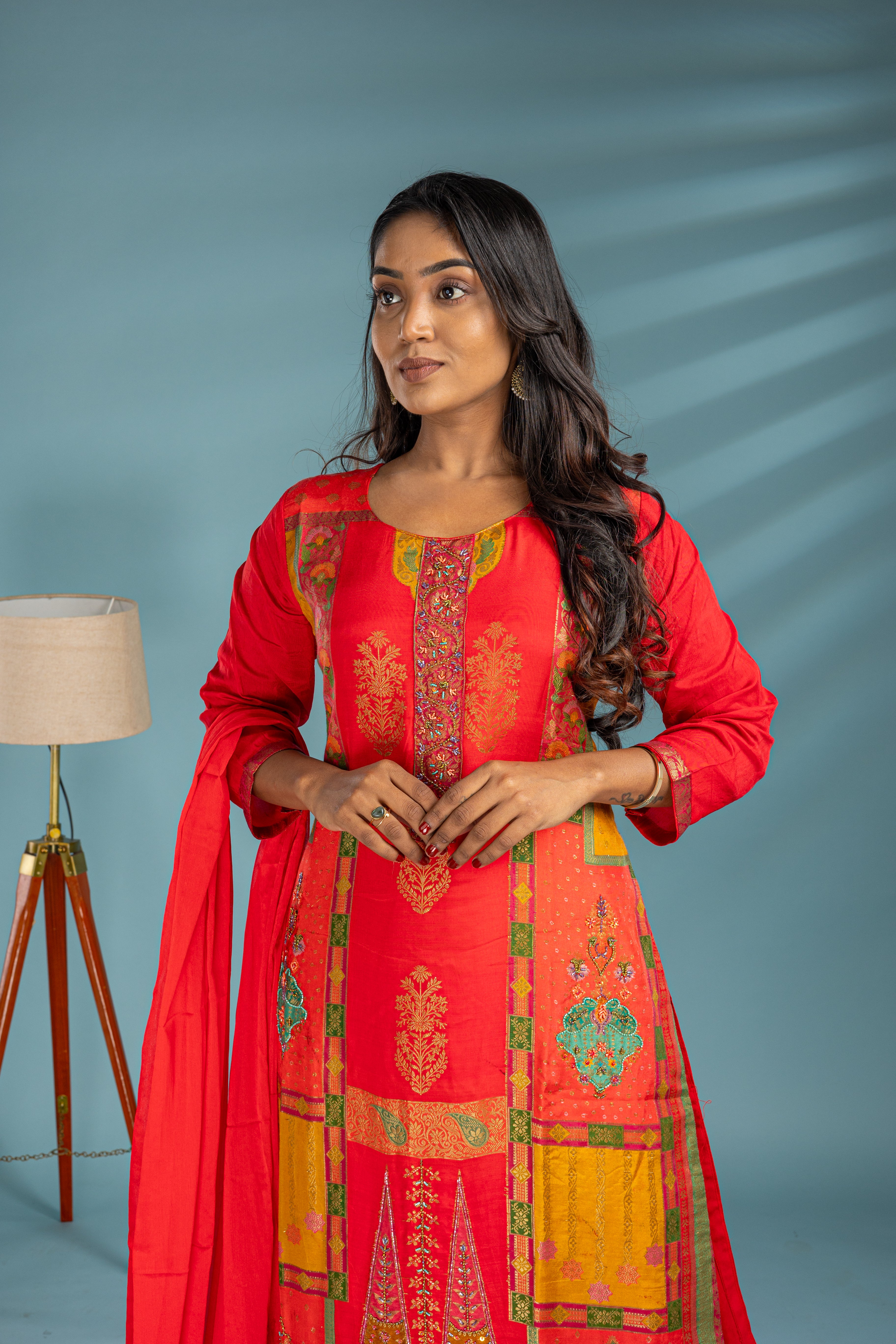 Bright Red And Yellow Premium Muslin Salwar Suit Set - View 2