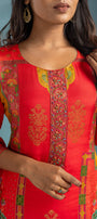 Bright Red And Yellow Premium Muslin Salwar Suit Set - View 3