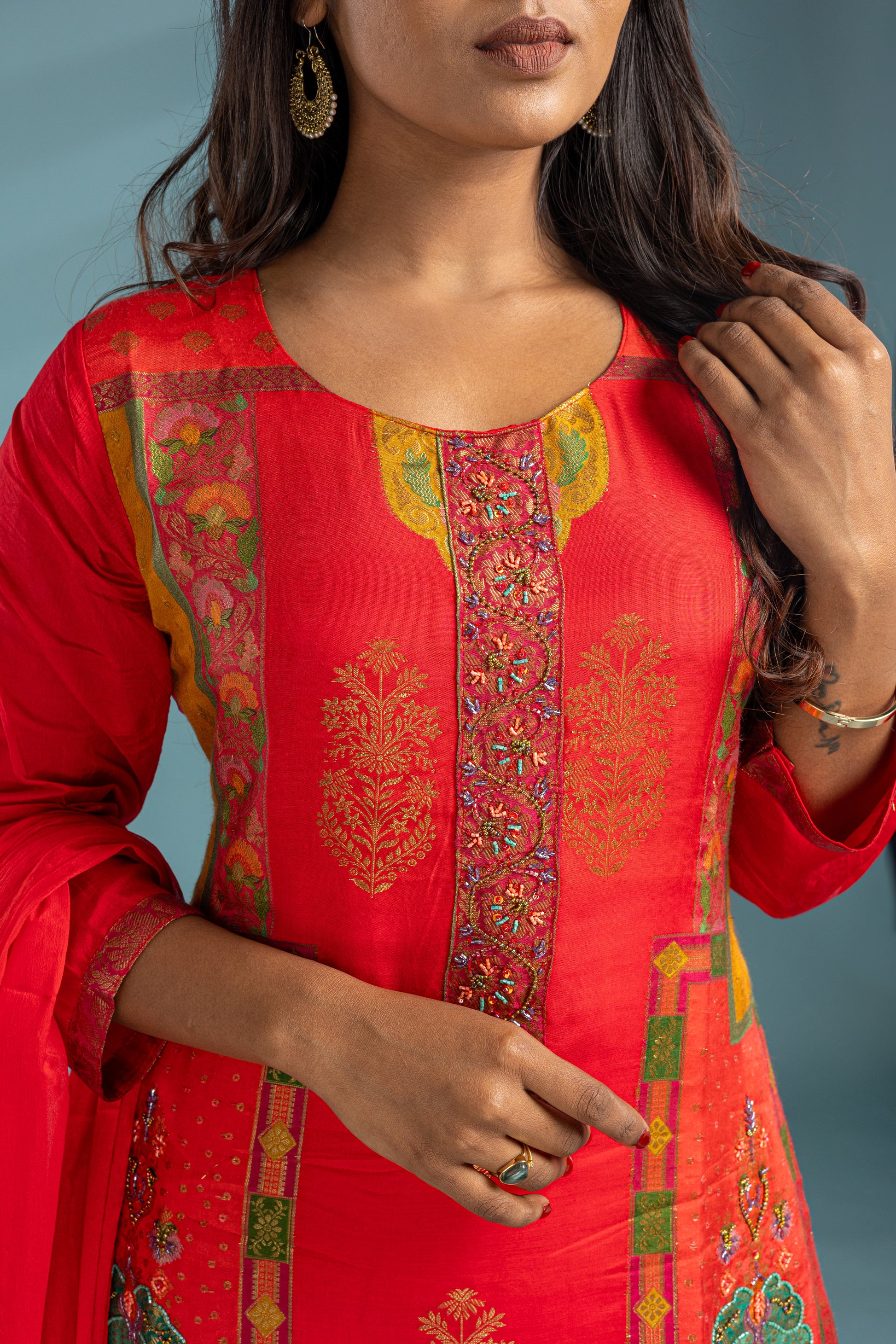 Bright Red And Yellow Premium Muslin Salwar Suit Set - View 3