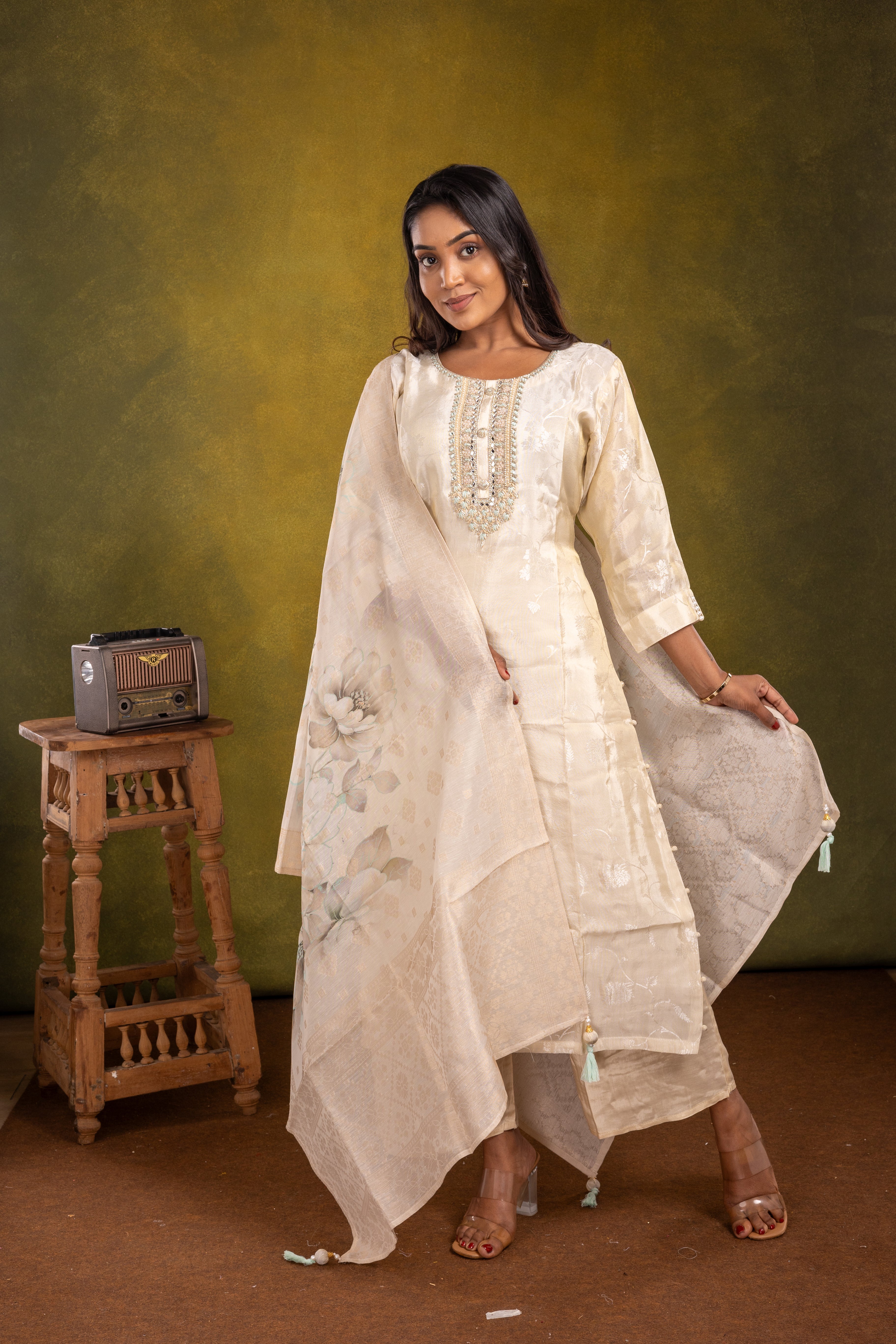 Cream Silk Cotton Salwar Suit Set - View 1