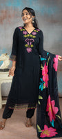 Black With Pink & Green Rayon Salwar Suit Set - View 1