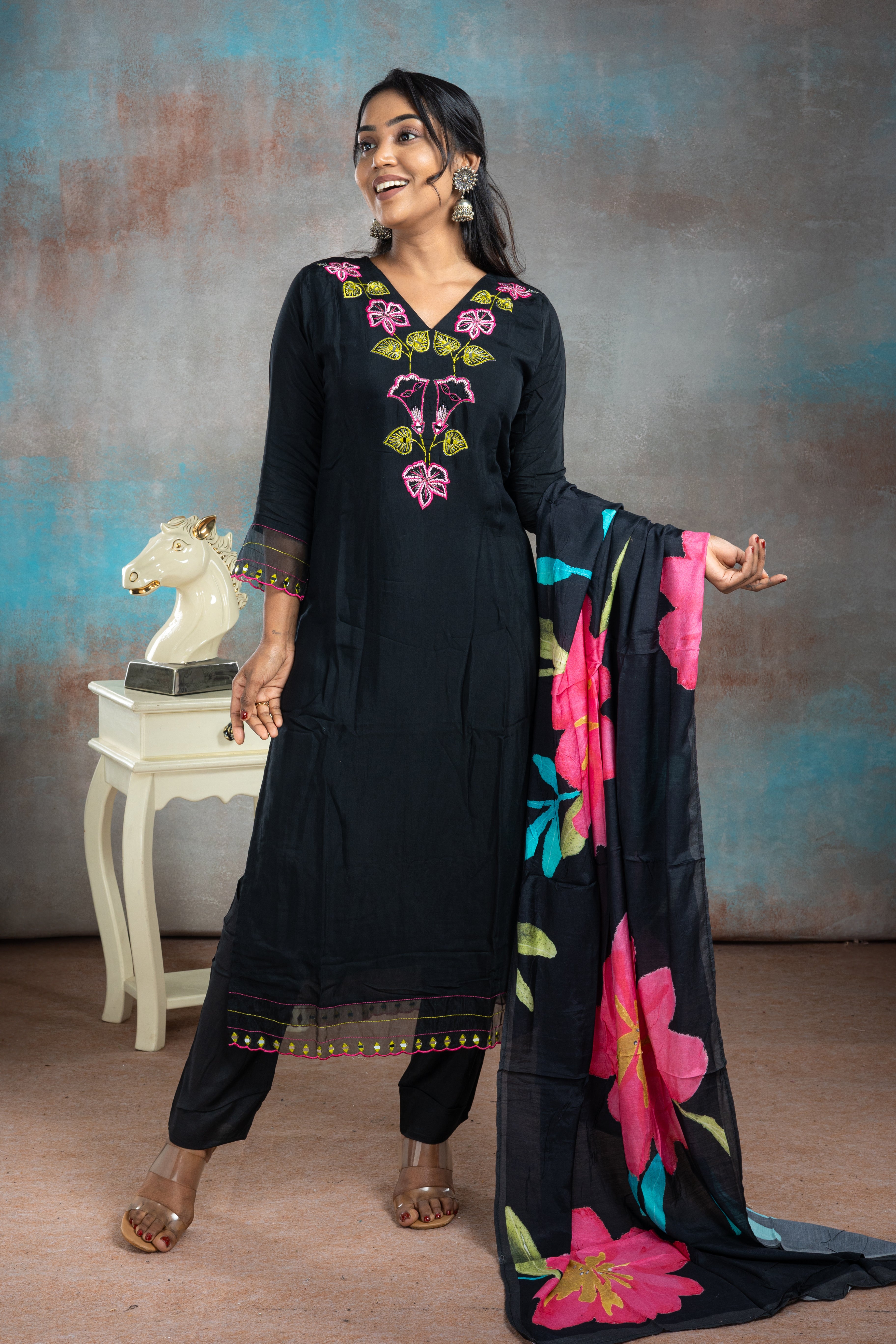 Black With Pink & Green Rayon Salwar Suit Set - View 1