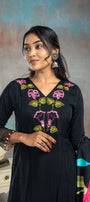 Black With Pink & Green Rayon Salwar Suit Set - View 2