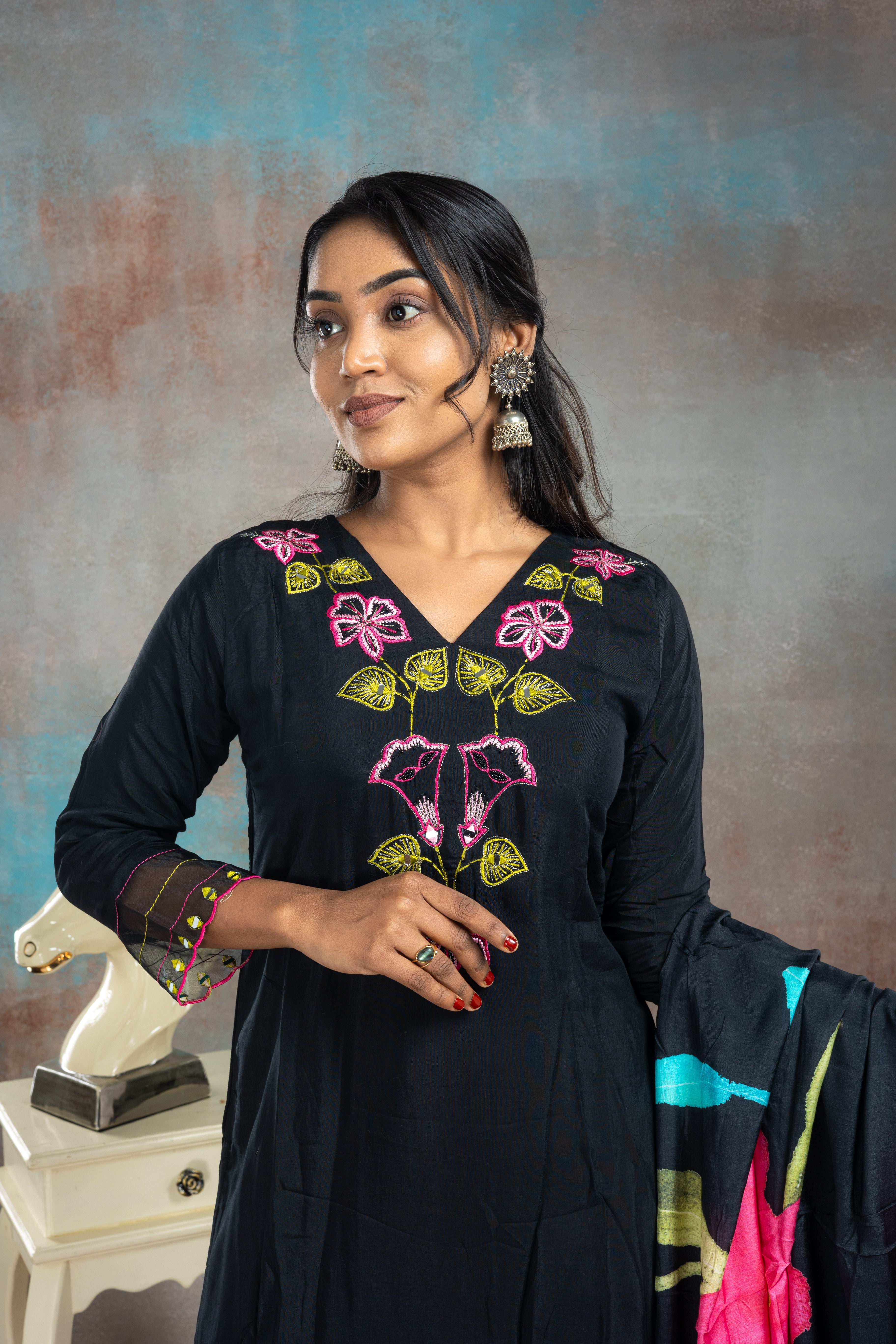 Black With Pink & Green Rayon Salwar Suit Set - View 2
