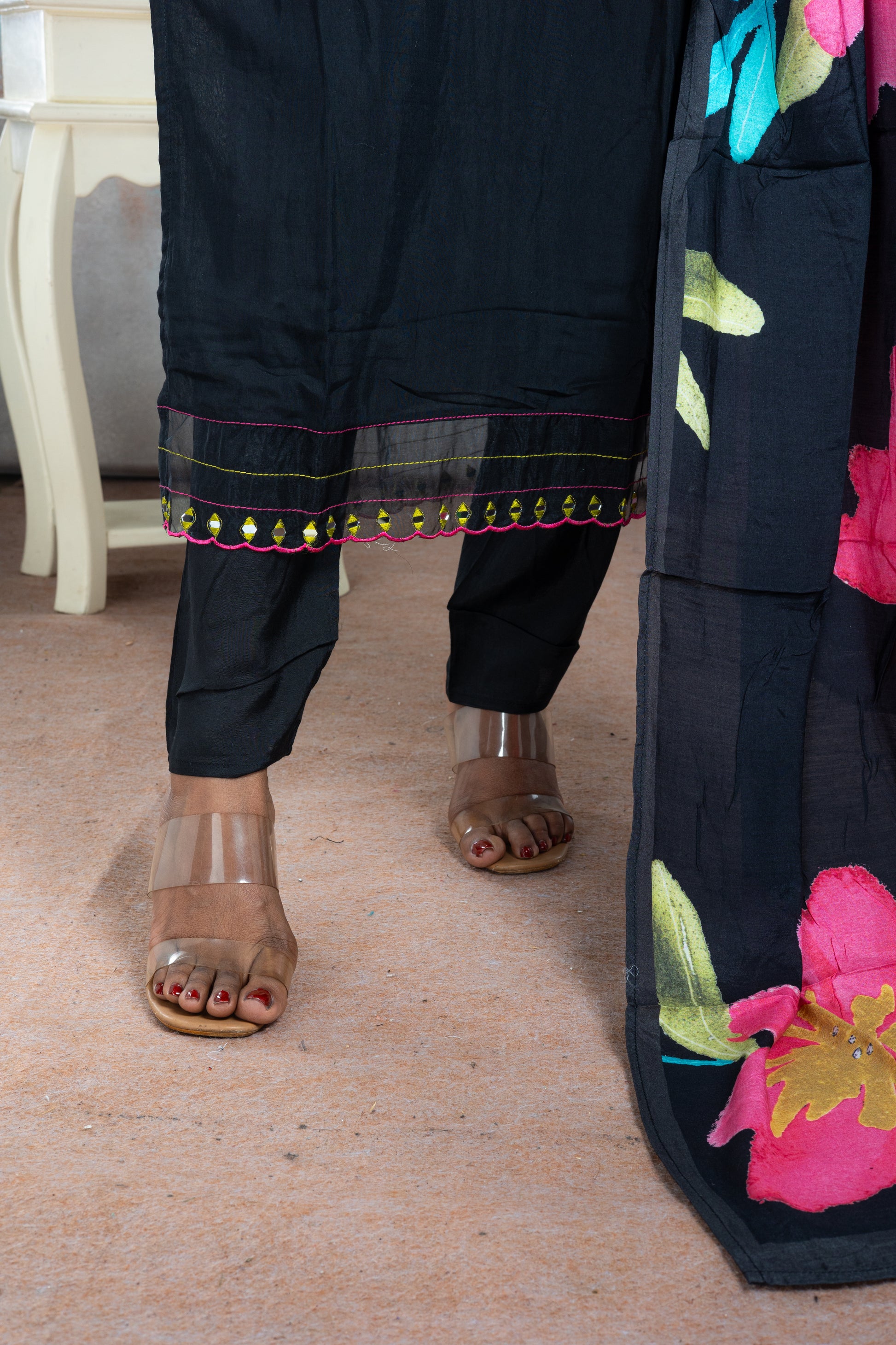 Black With Pink & Green Rayon Salwar Suit Set - View 3
