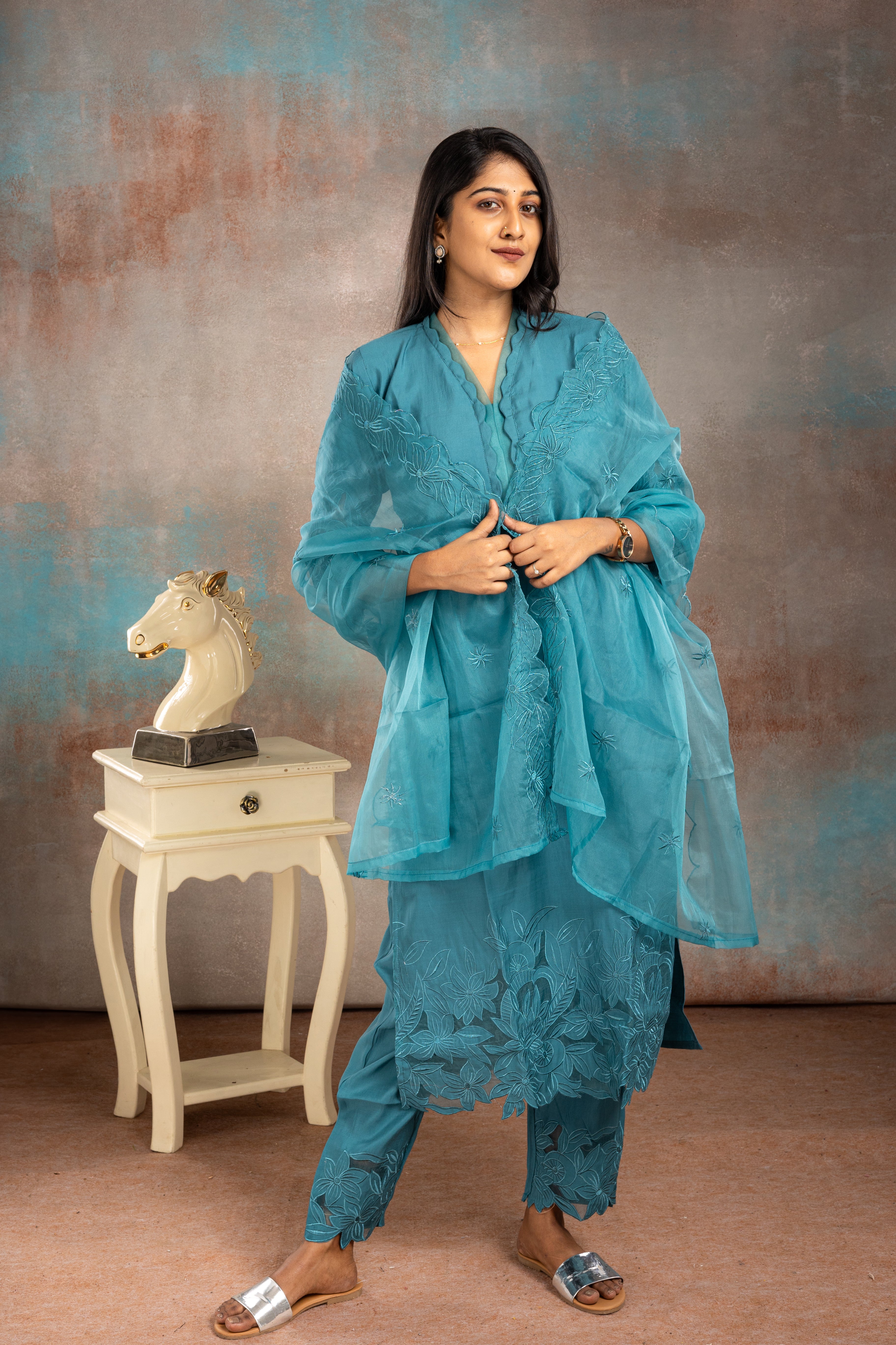 Bluish Grey Muslin Salwar Suit Set