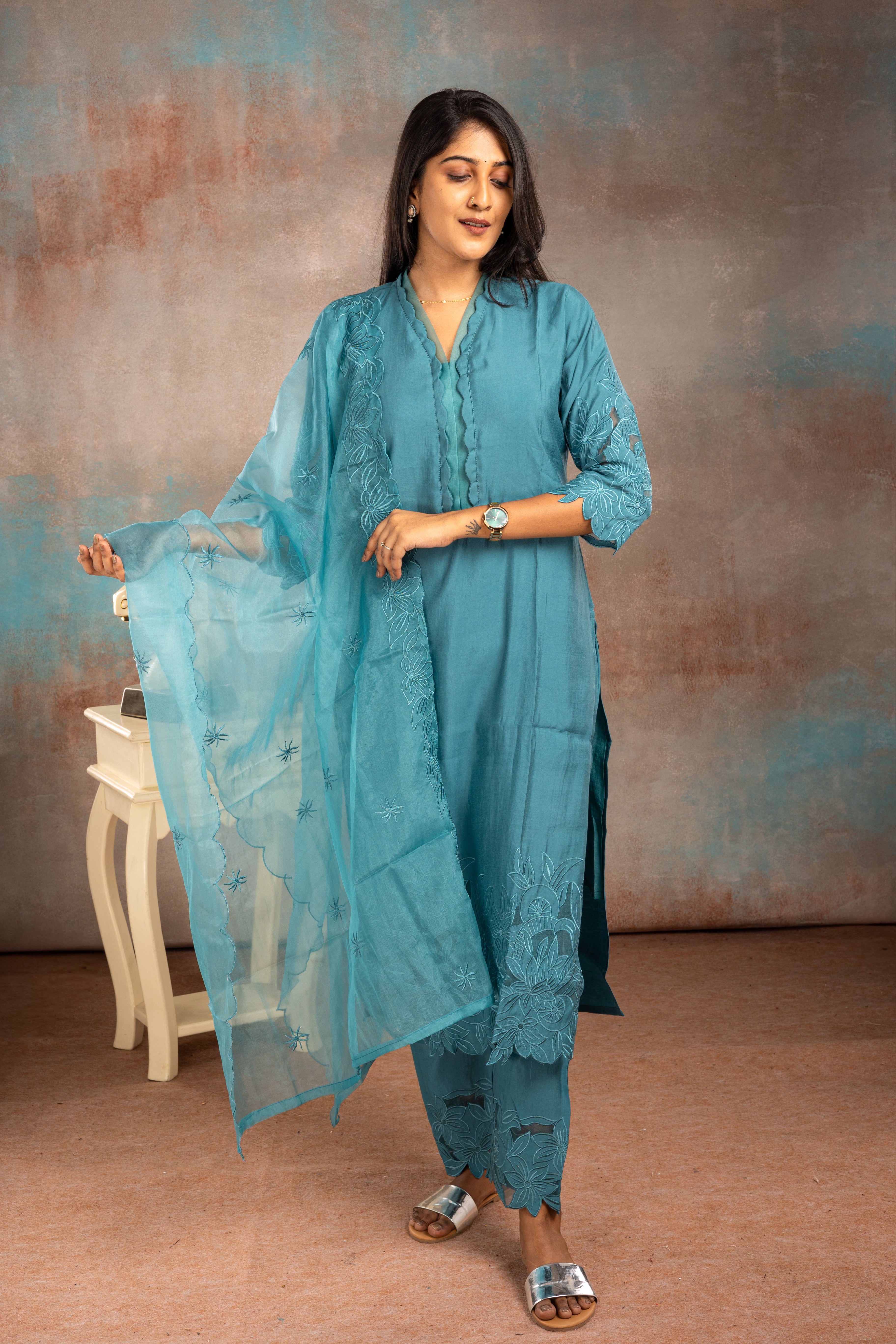 Bluish Grey Muslin Salwar Suit Set