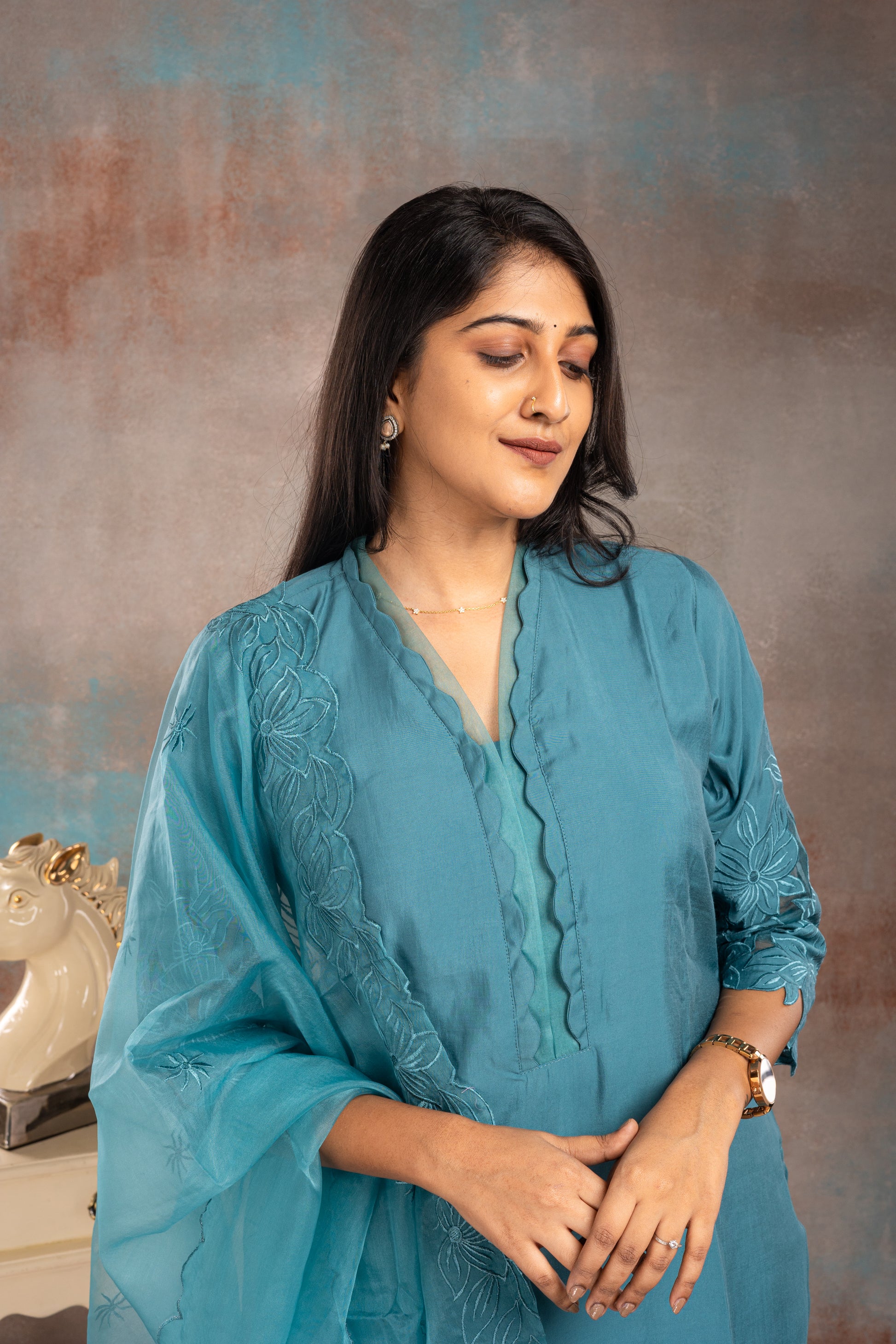 Bluish Grey Muslin Salwar Suit Set