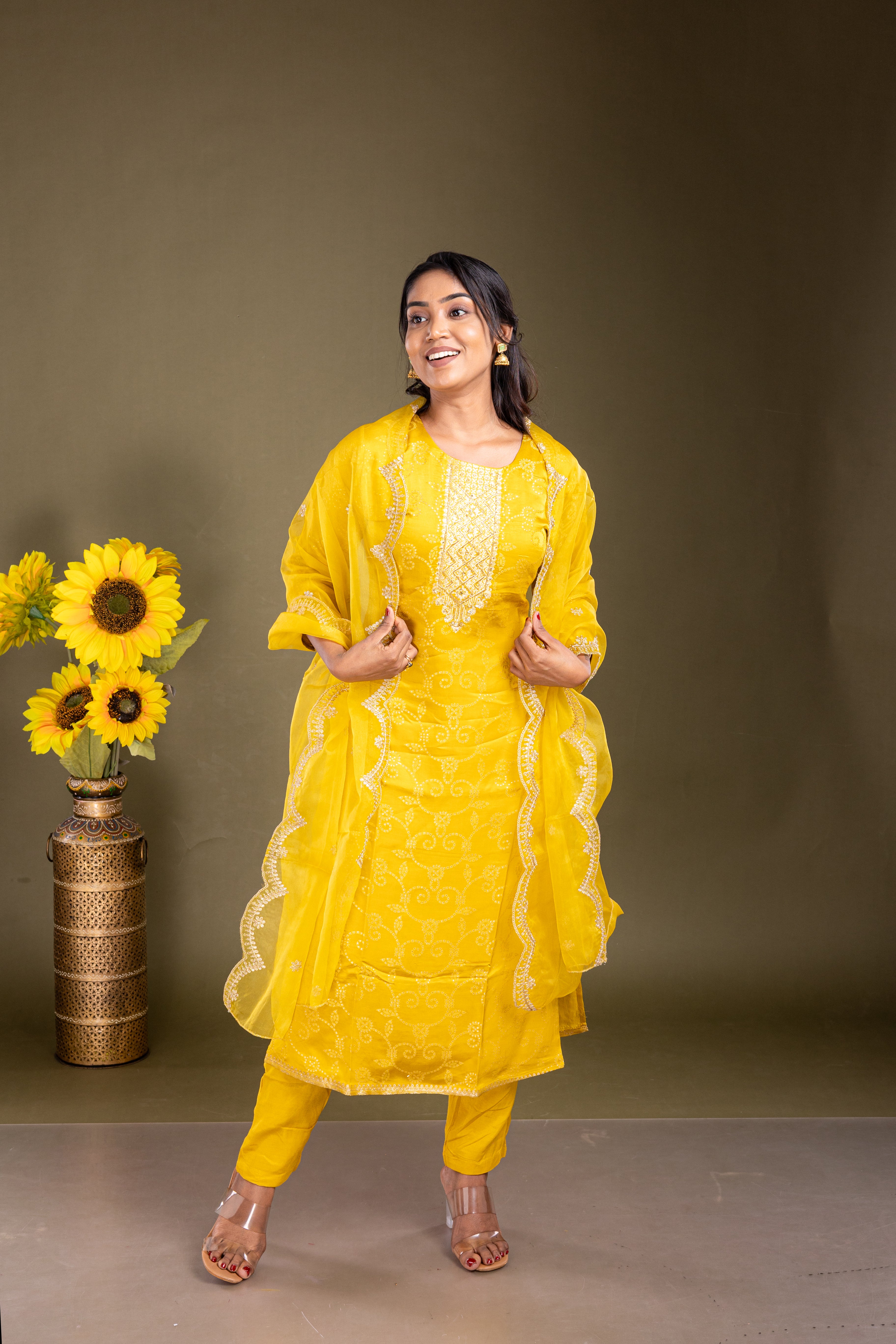 Bright Yellow Soft Silk Cotton Salwar Suit Set - View 1