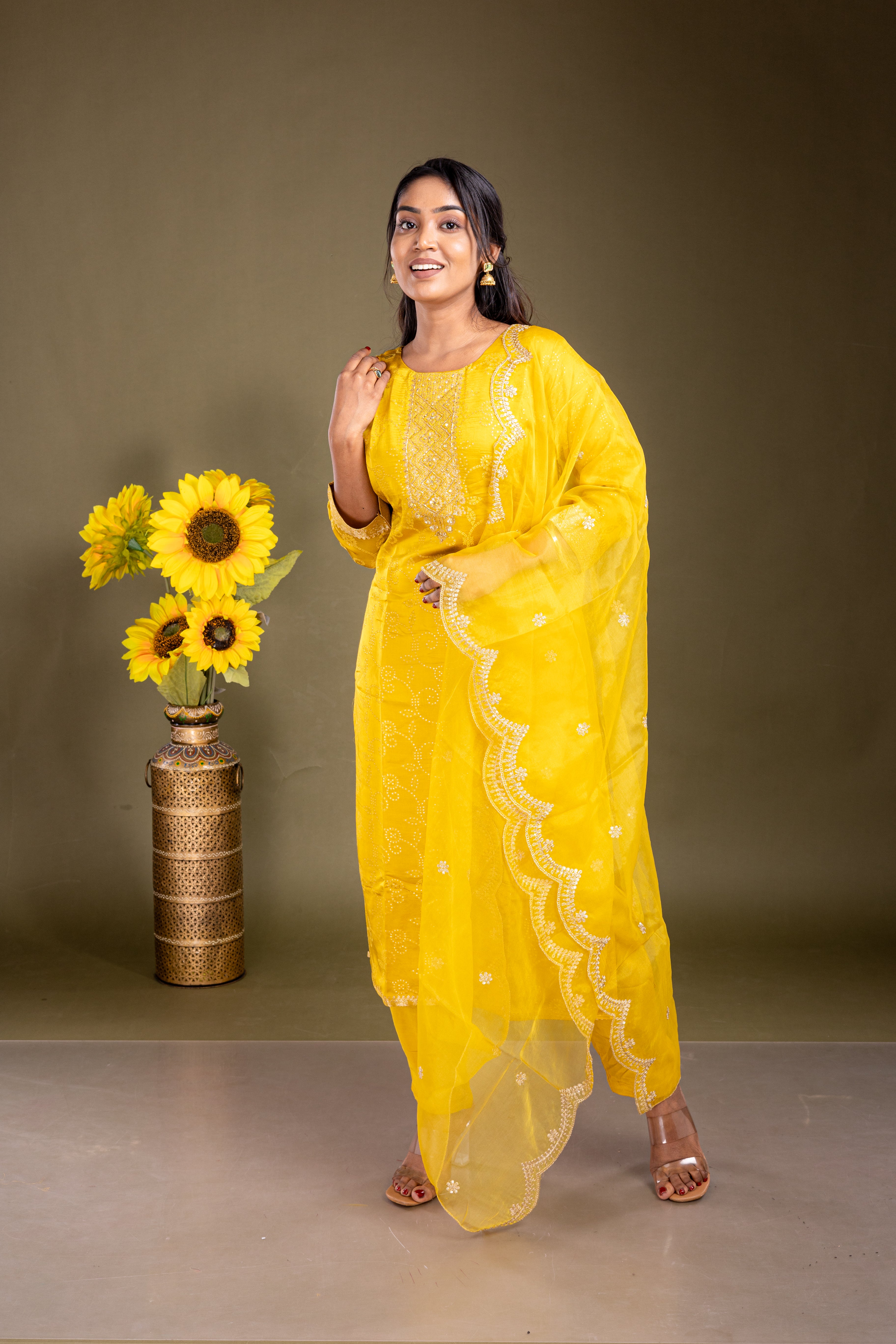 Bright Yellow Soft Silk Cotton Salwar Suit Set - View 2