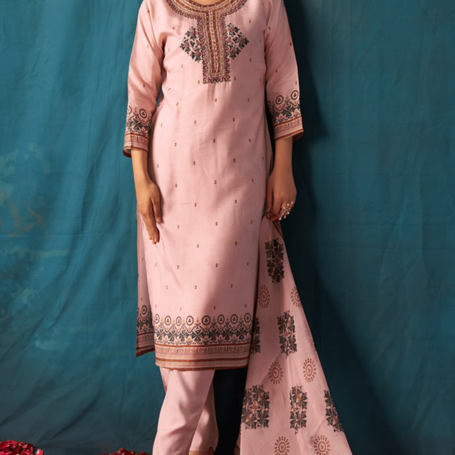 Dusty Peach Pink Muslin Suit Set with Warli Print and Organza Dupatta