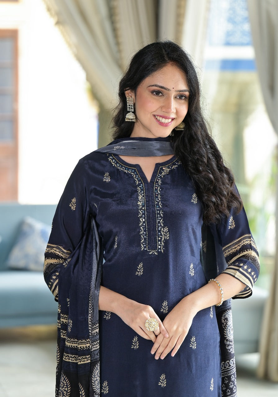 Dark Blue Crepe Suit Set