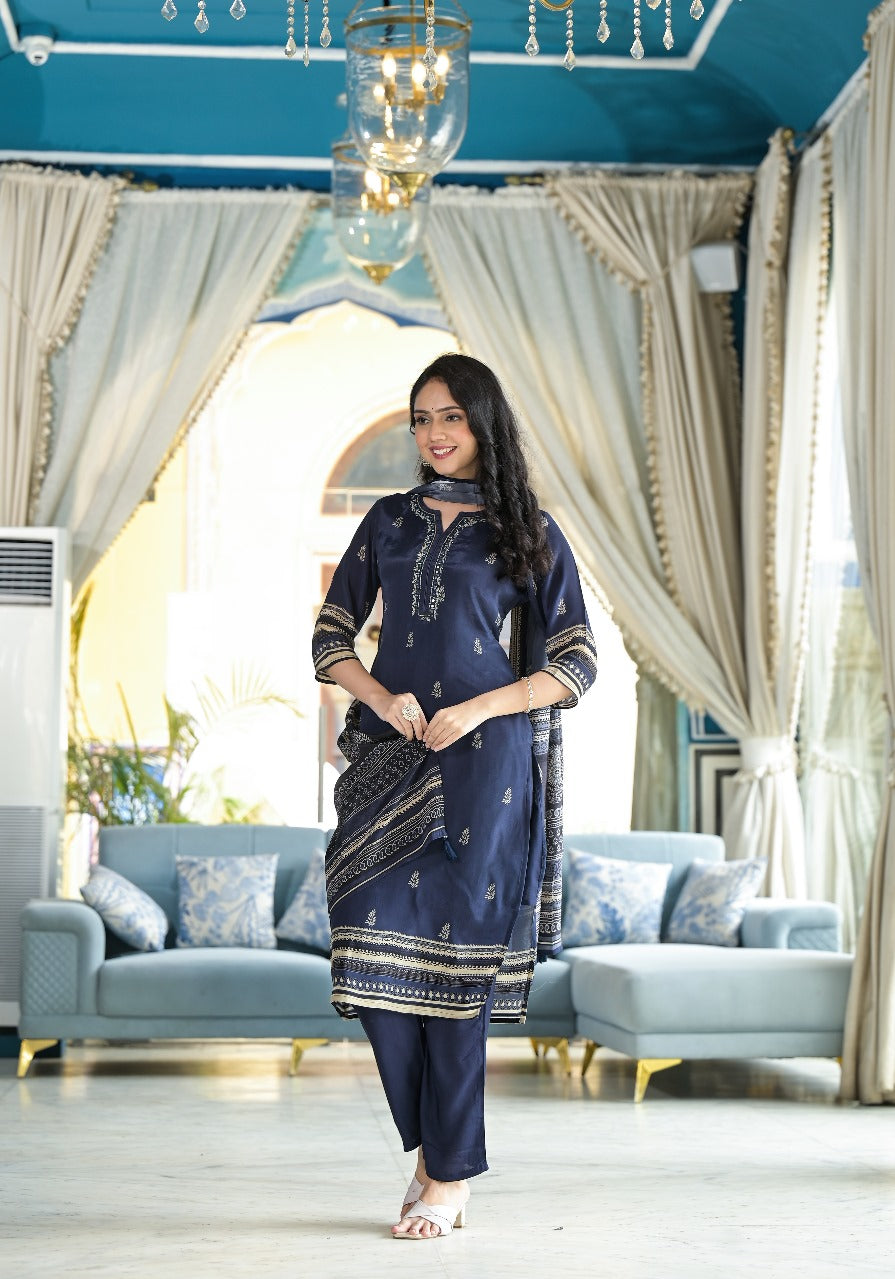 Dark Blue Crepe Suit Set