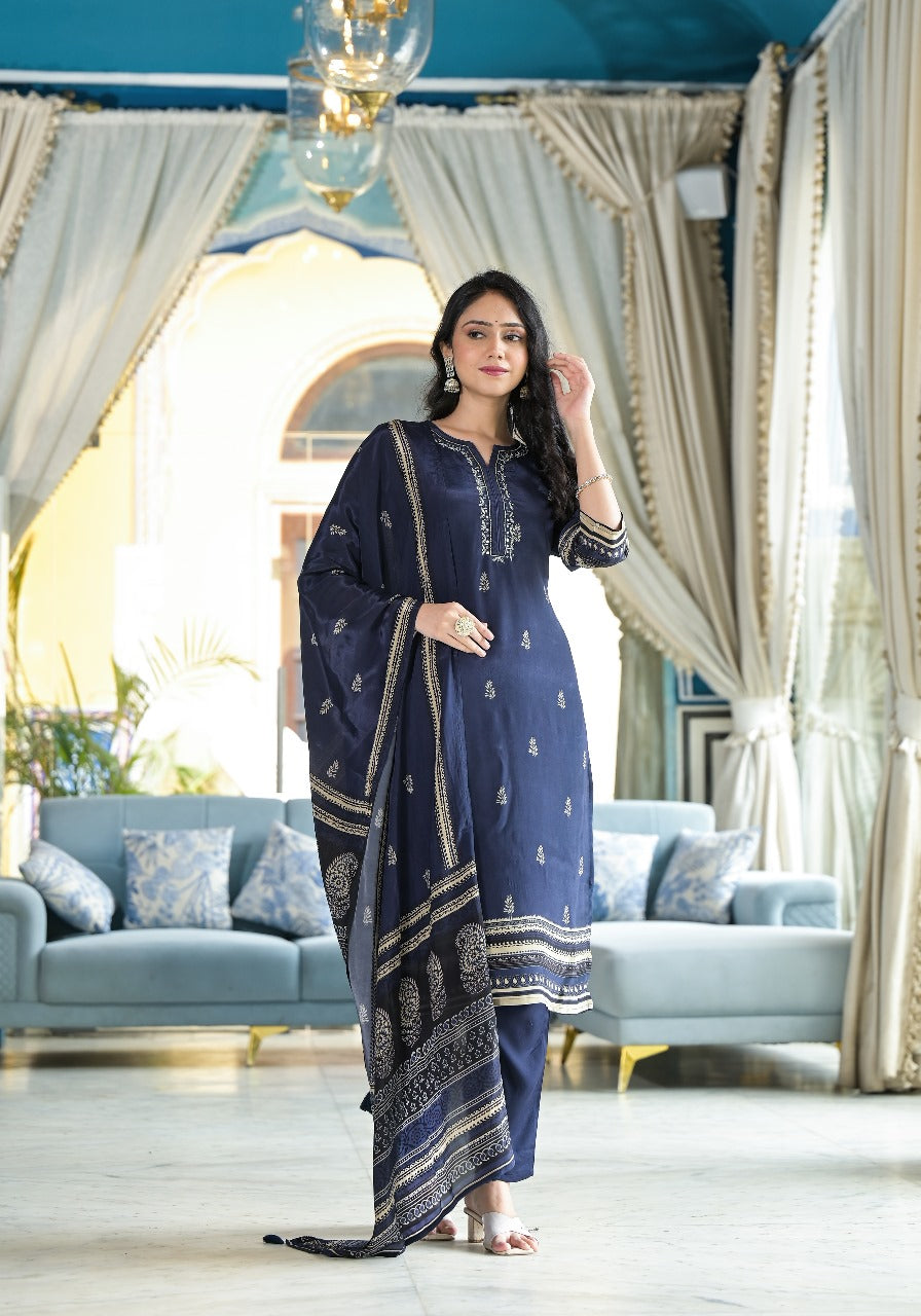 Dark Blue Crepe Suit Set
