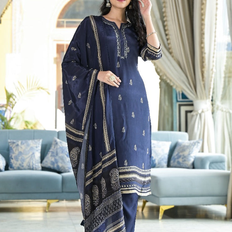 Dark Blue Crepe Suit Set with Hand block Dupatta & Thread work Neck