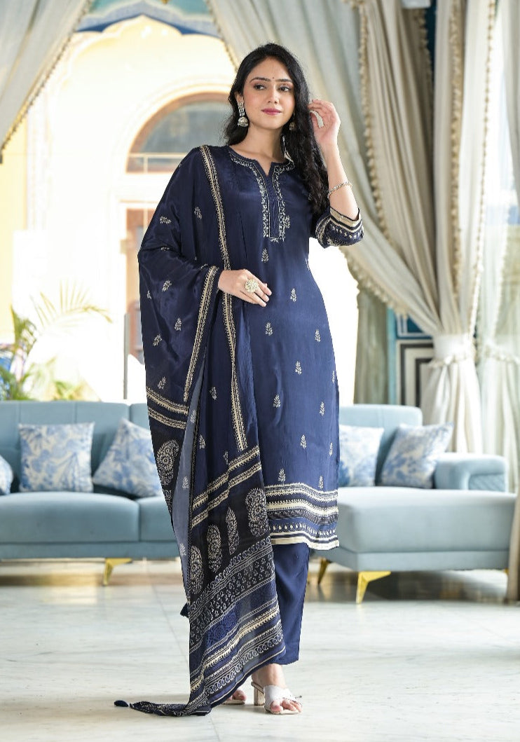 Dark Blue Crepe Suit Set