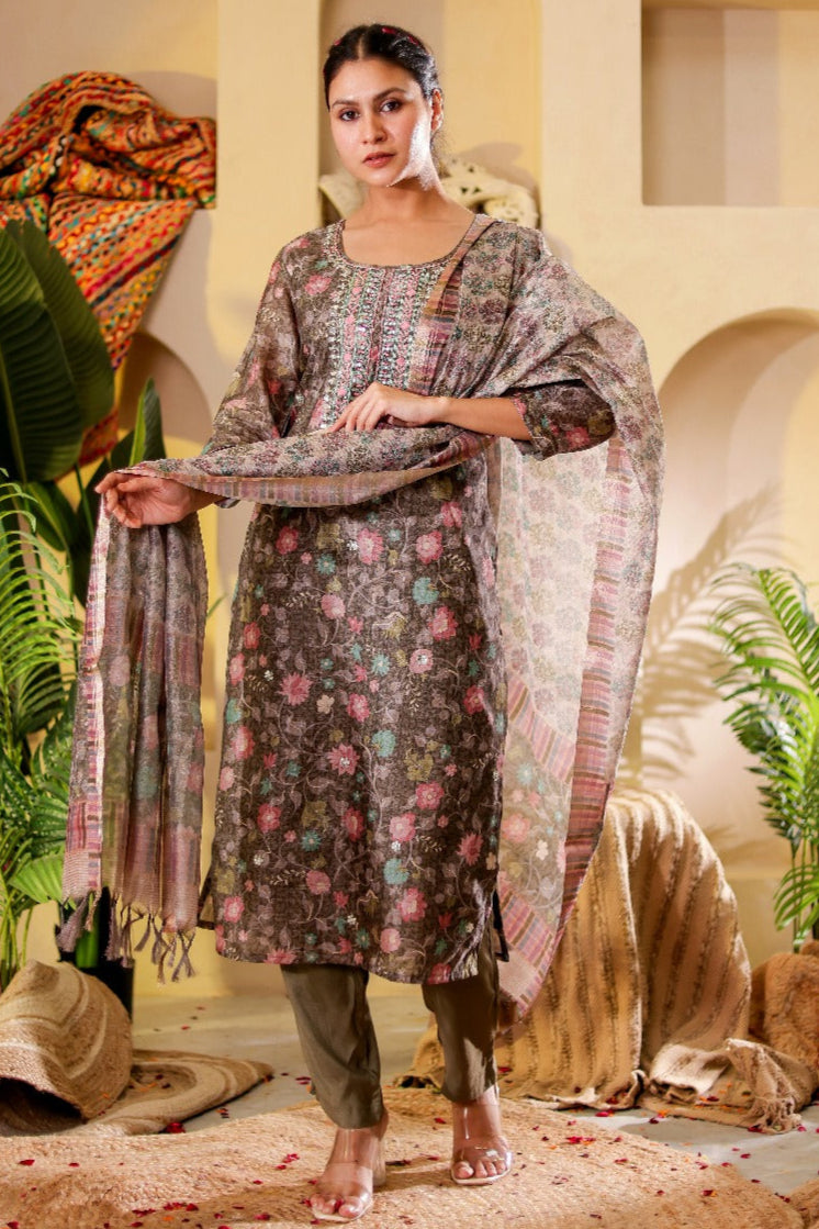 Charcoal Grey Embroidered Suit Set