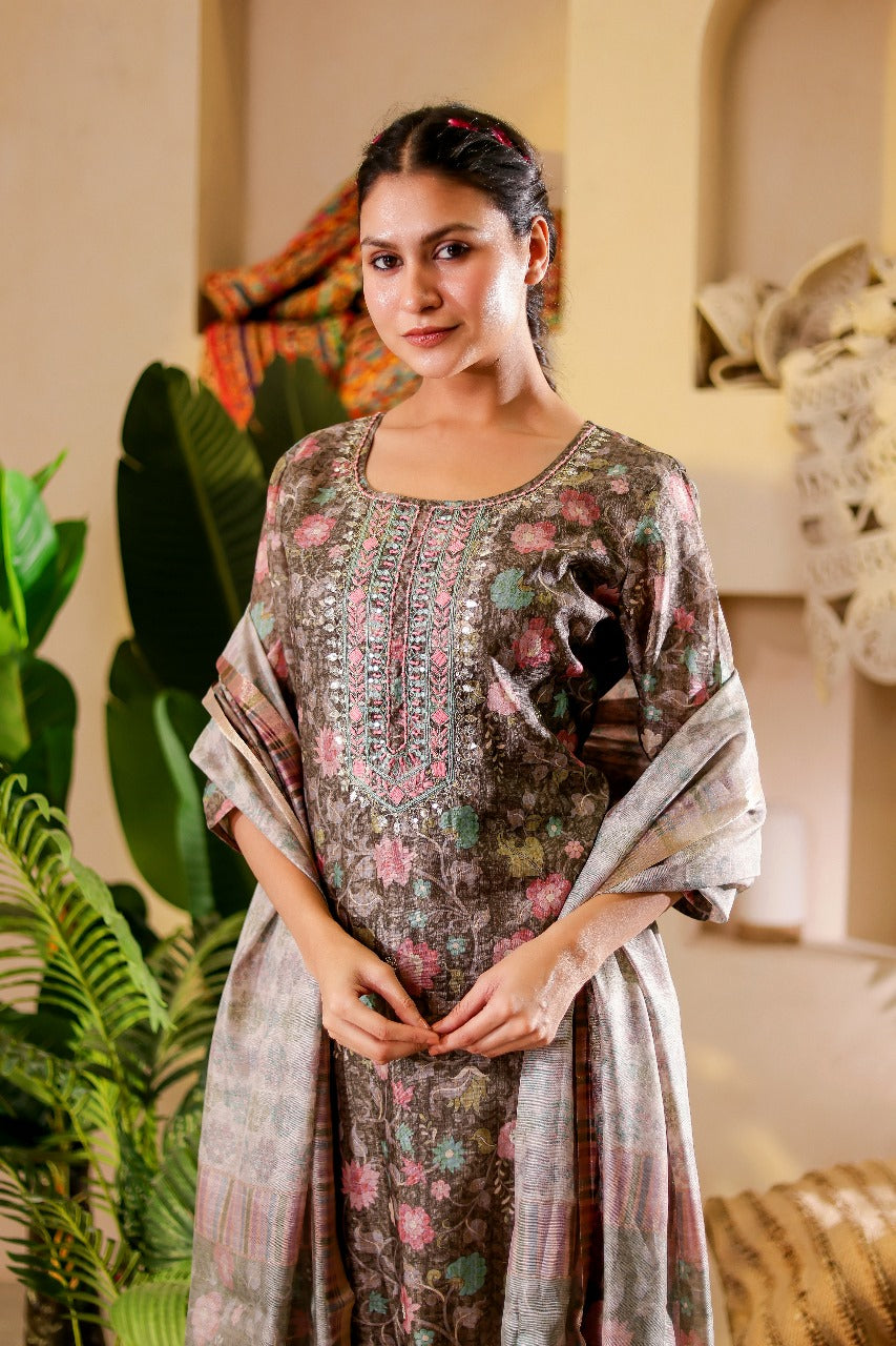 Charcoal Grey Embroidered Suit Set
