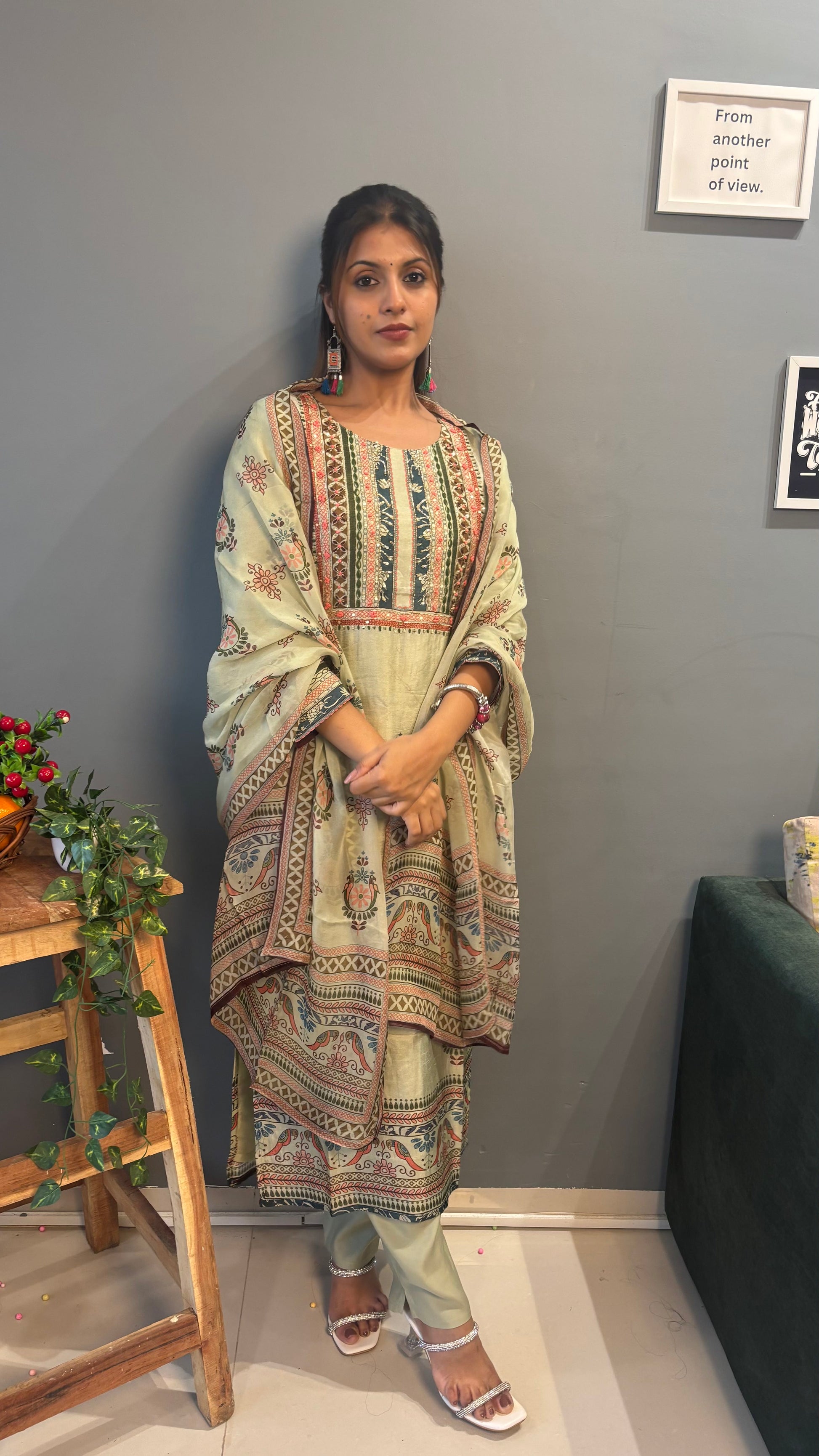 Pista Green With Organza Suit Set