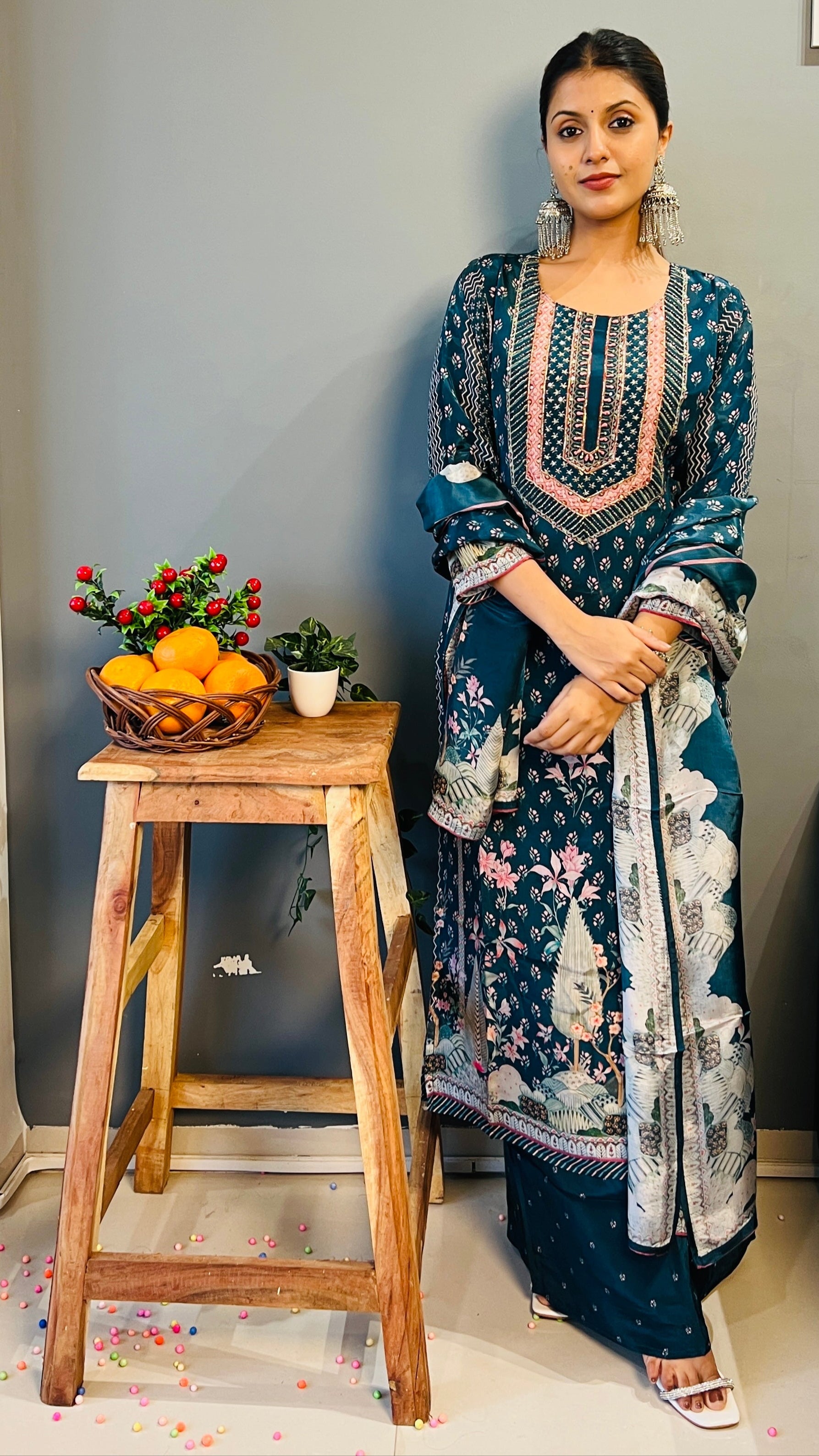 Blue Crepe Suit Set