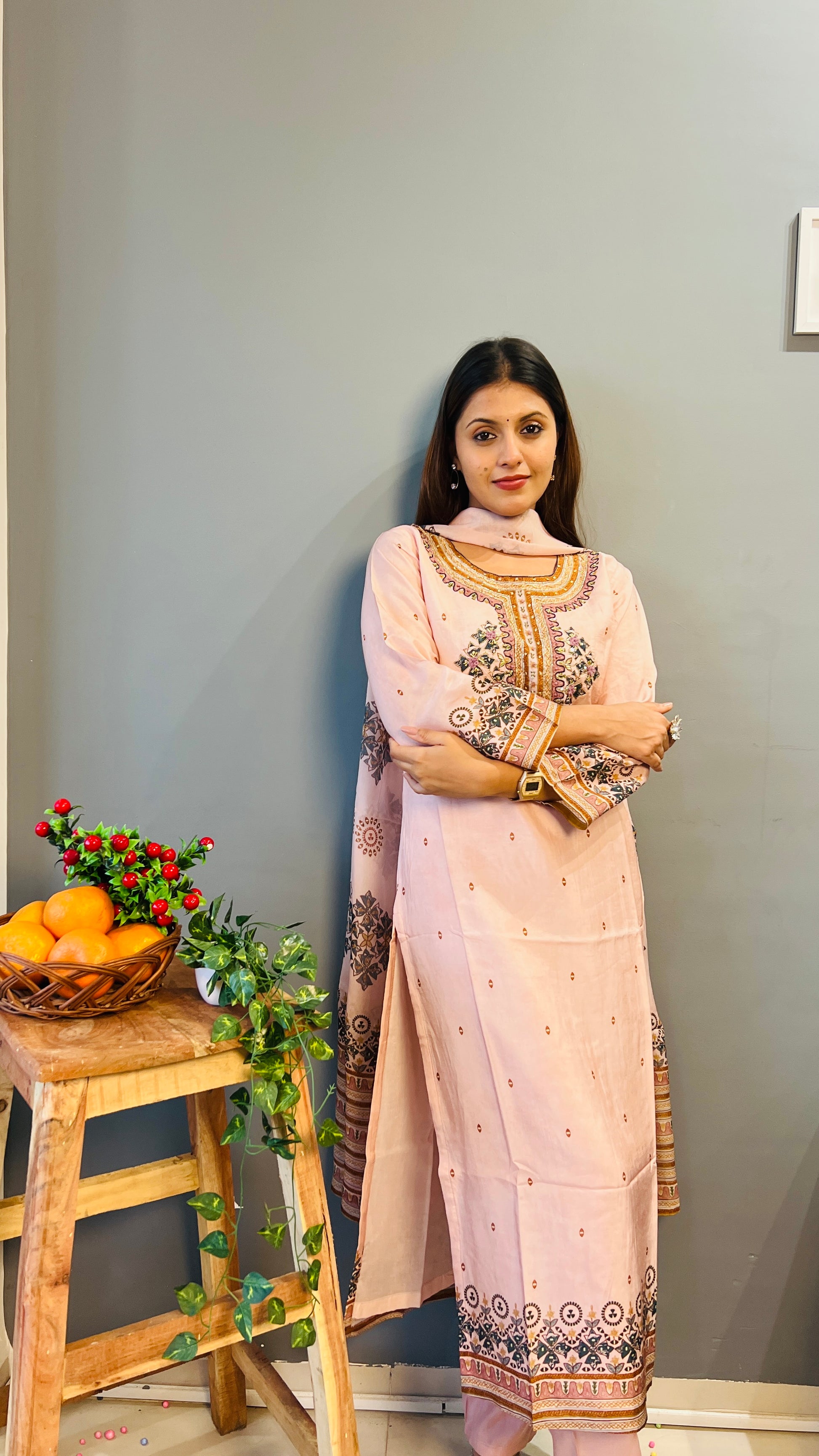 Dusty Peach Pink Muslin Suit Set with Warli Print and Organza Dupatta