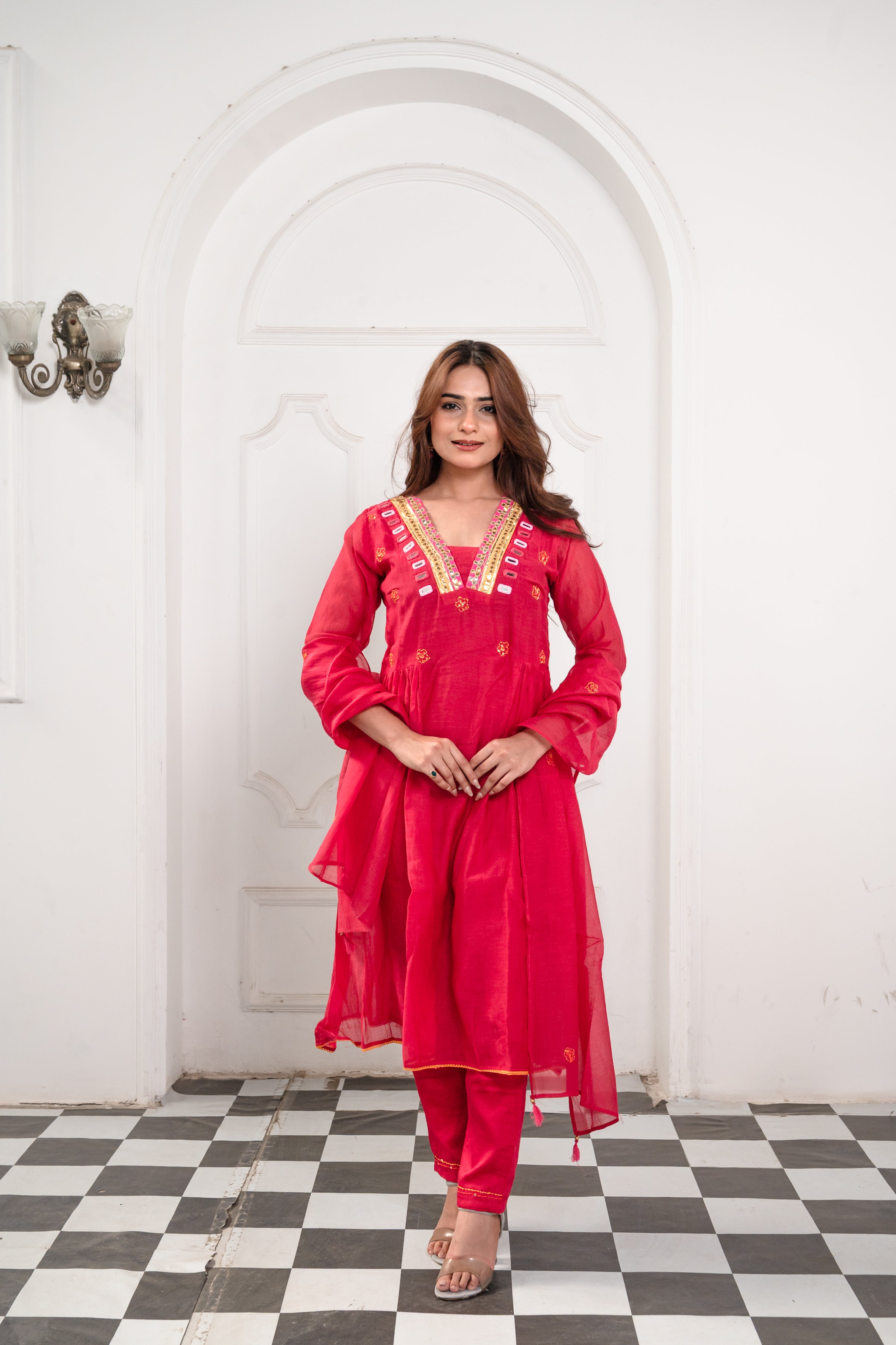 Bright Pink Mirror Work Suit Set