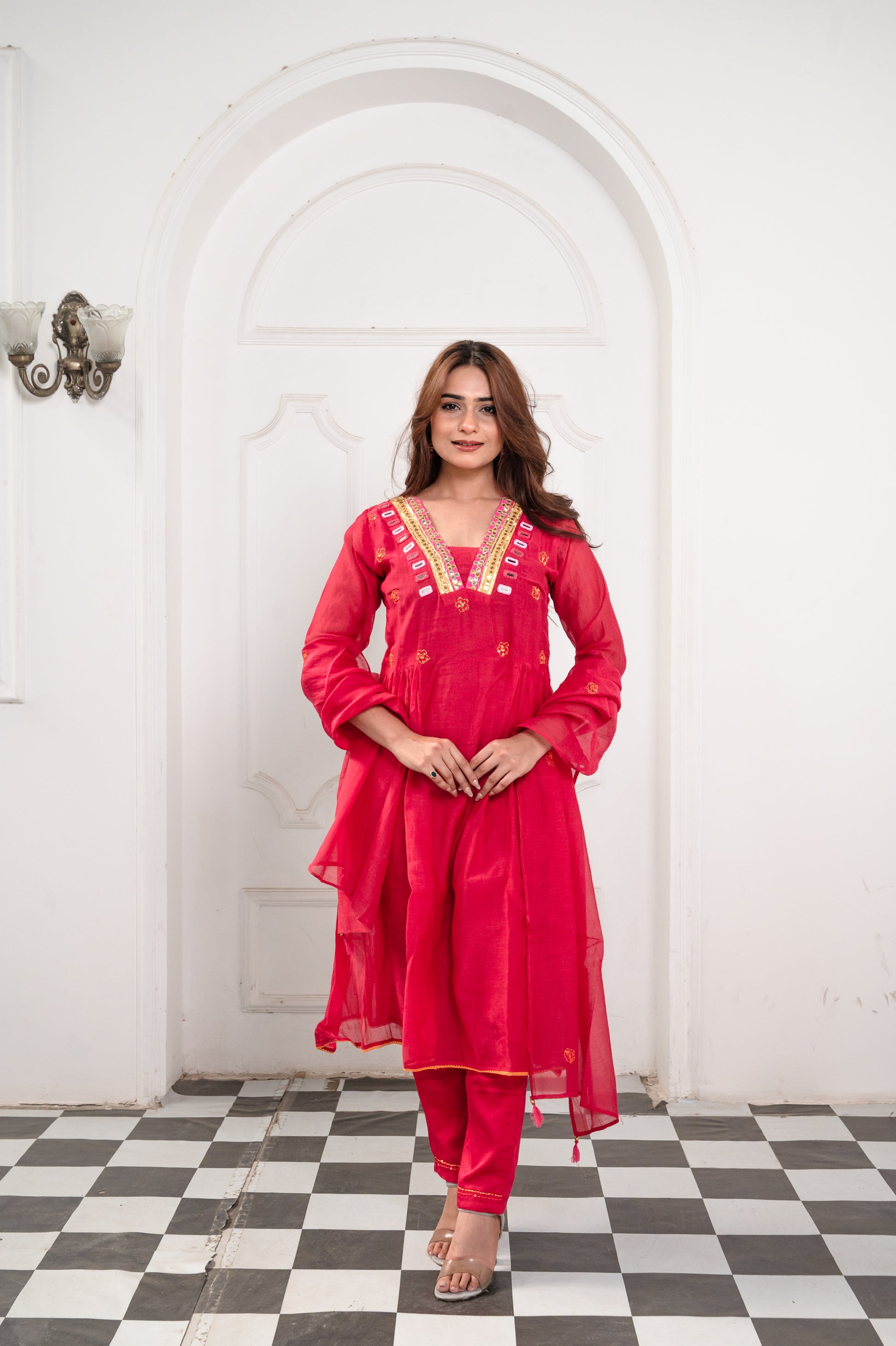 Bright Pink Mirror Work Suit Set